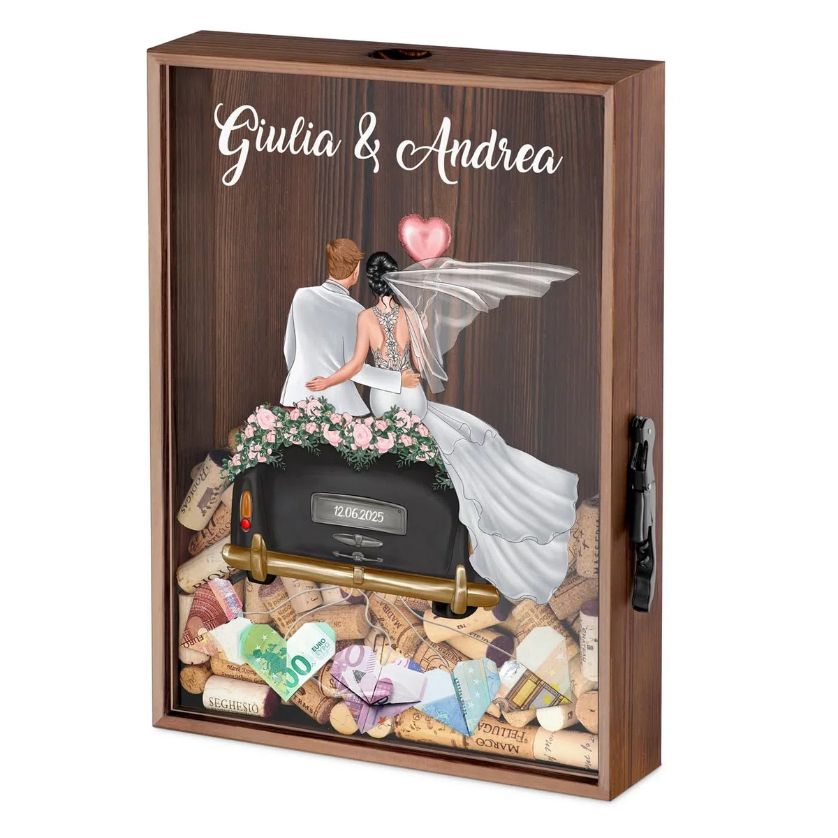 Maverton Raccoglitore Tappi Personalizzato per Matrimonio - Salvadanaio di Sughero - Scatola Legno Con Cavatappi e Porta Soldi - Busta Regalo - Regali Personalizzati Sposi