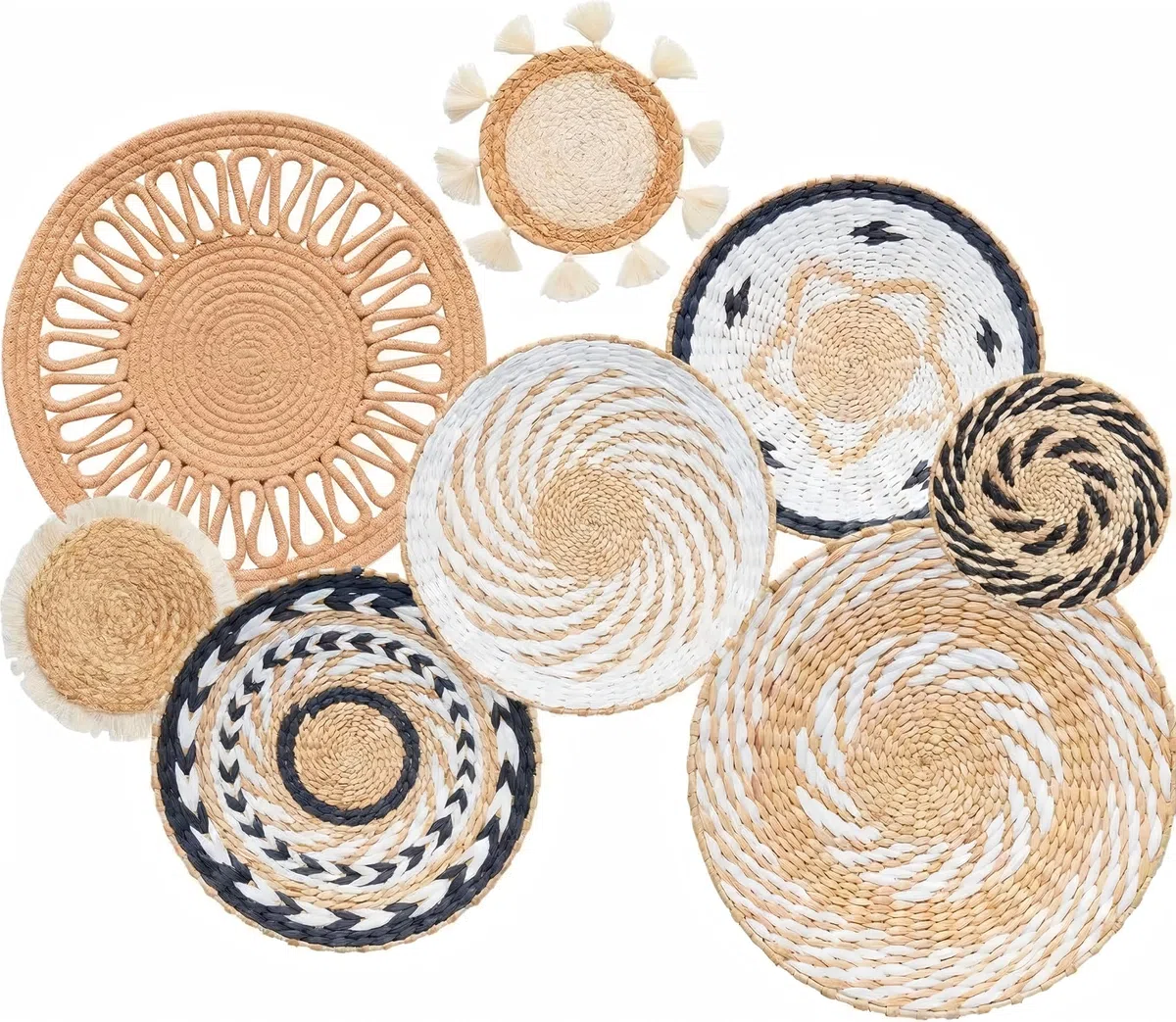 SZKKQKJ Set di 8 cestini da parete in tessuto boho, decorazione da parete, stile boho, decorazione da parete, decorazione da parete rotonda, fatti a mano per soggiorno e camera da letto