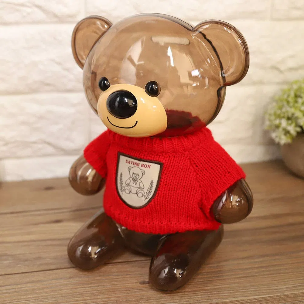 Fdit Salvadanaio Grande, Salvadanaio per Bambini, Salvadanaio, Salvadanaio, Cartone Animato, Vestiti, Orso, Plastica Trasparente(Orso Trasparente in Rosso)