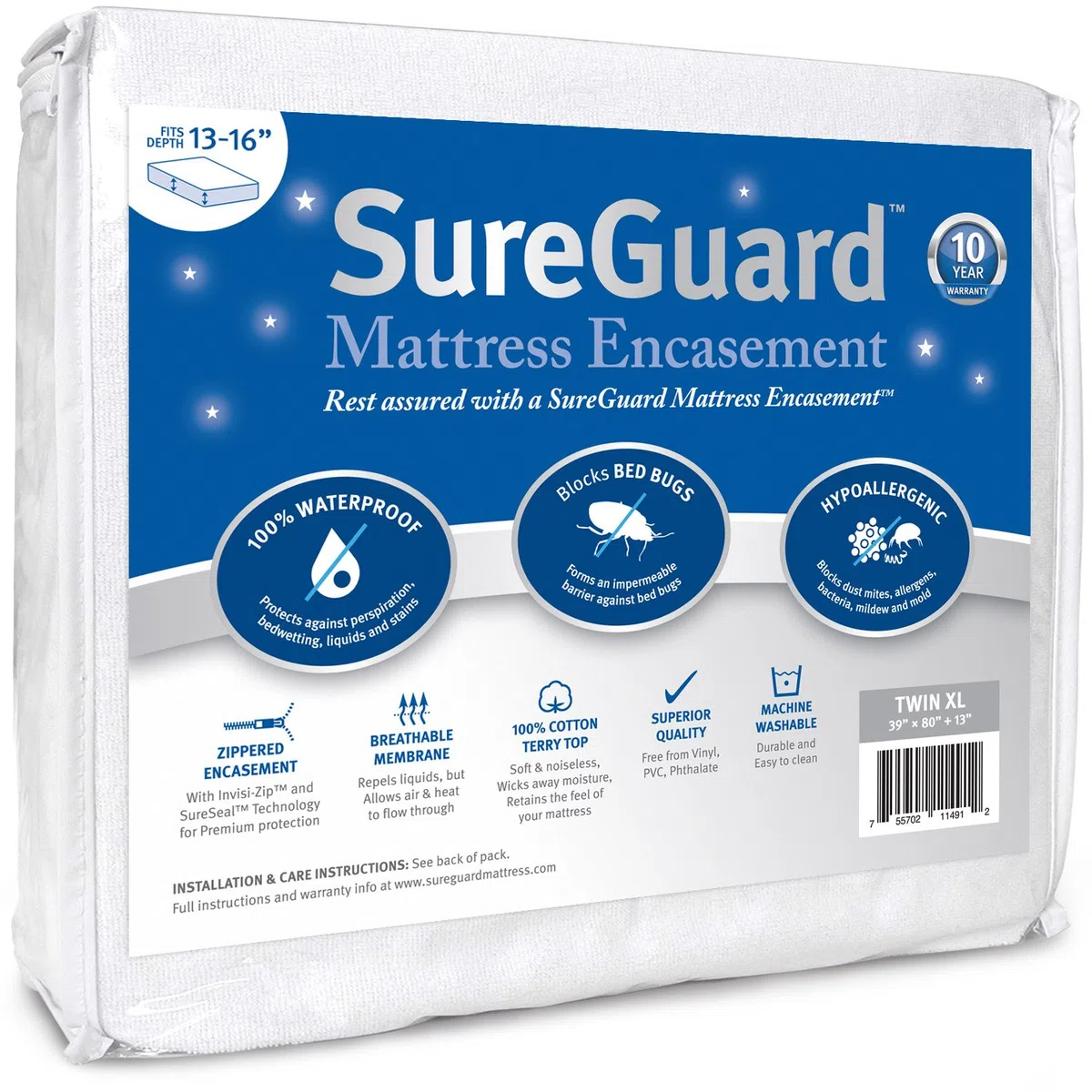 SureGuard - Coprimaterasso Twin XL (33-40,6 cm di profondità), 100% impermeabile, a prova di cimici dei letti, rivestimento con cerniera a sei lati
