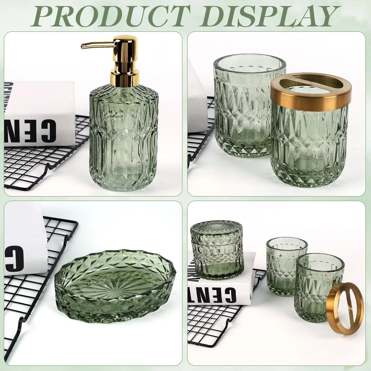 Set di 5 Accessori da Bagno in Vetro, Accessori da Bagno con Dispenser per Lozioni, Portasapone, Portaspazzolino, Tazza di Vetro, Barattolo di Cotton Fioc, Decorazione Moderna per Il Bagno