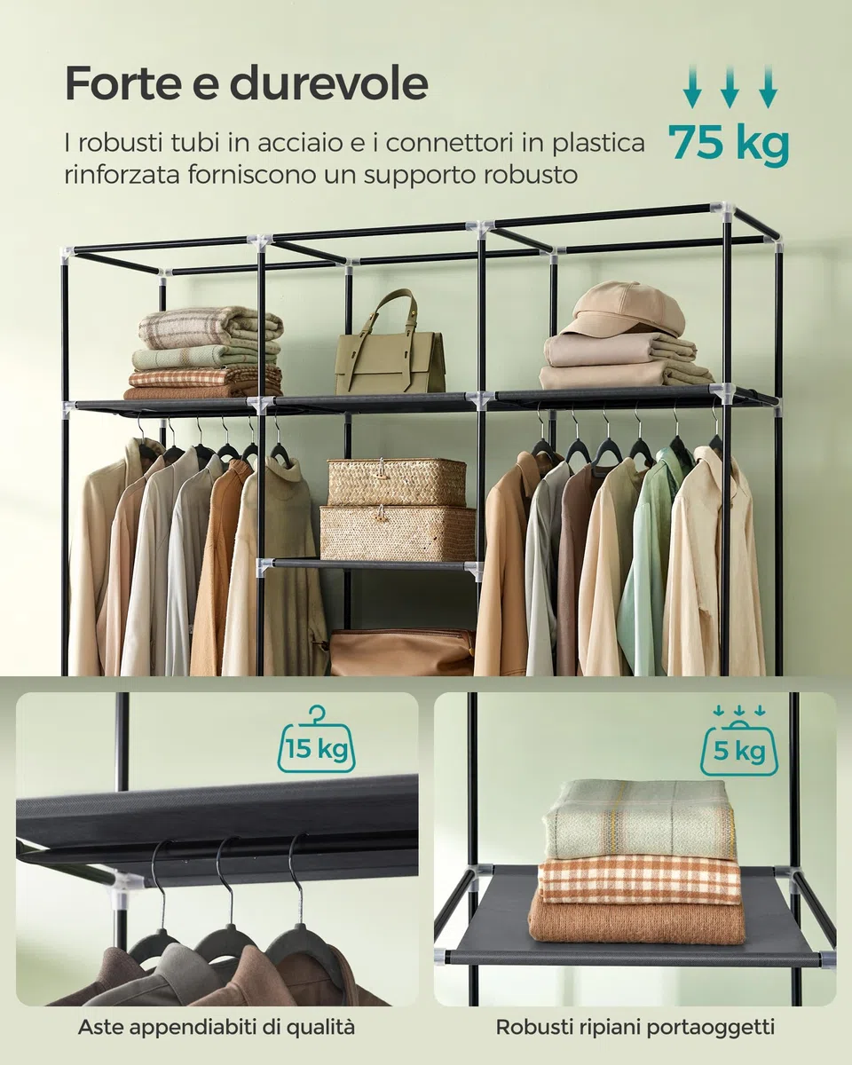 SONGMICS Armadio in Tessuto, Guardaroba Pieghevole con Barra di Sospensione, Appendiabiti, Scaffale per Borse, Giocattoli, Scarpe, Soggiorno, Camera da Letto, 150 x 45 x 175 cm, Grigio RYG12G