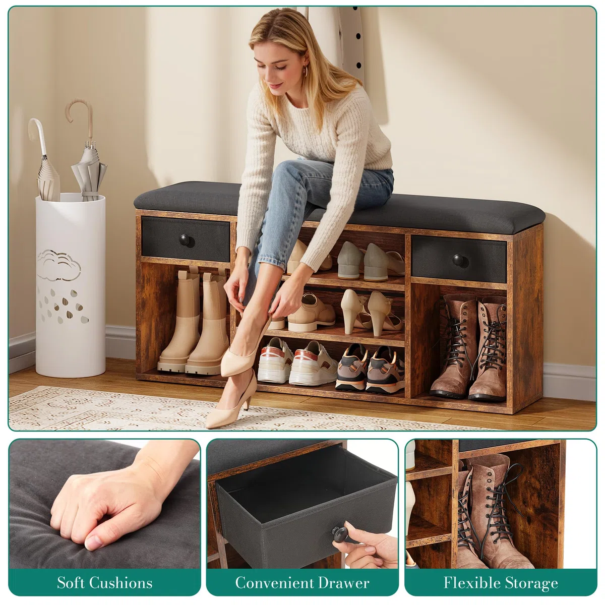 YITAHOME Panca Scarpiera, Scarpiera Ingresso con Sedile Imbottito, Panca Contenitore con 2 Cassetto e Scomparti Aperti, per Ingresso, Soggiorno, Camera da Letto, 30x105x50 cm, Marrone e Nero