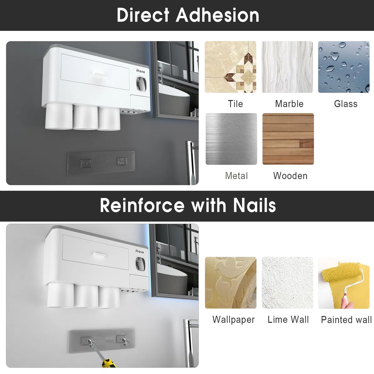 iHave Porta Spazzolino Elettrico da Muro con Dispenser Dentifricio e 3 Bicchieri – Design Bianco Classico per l'Arredo del Bagno, Organizer Bagno Tutto-in-Uno per Spazzolini e Accessori