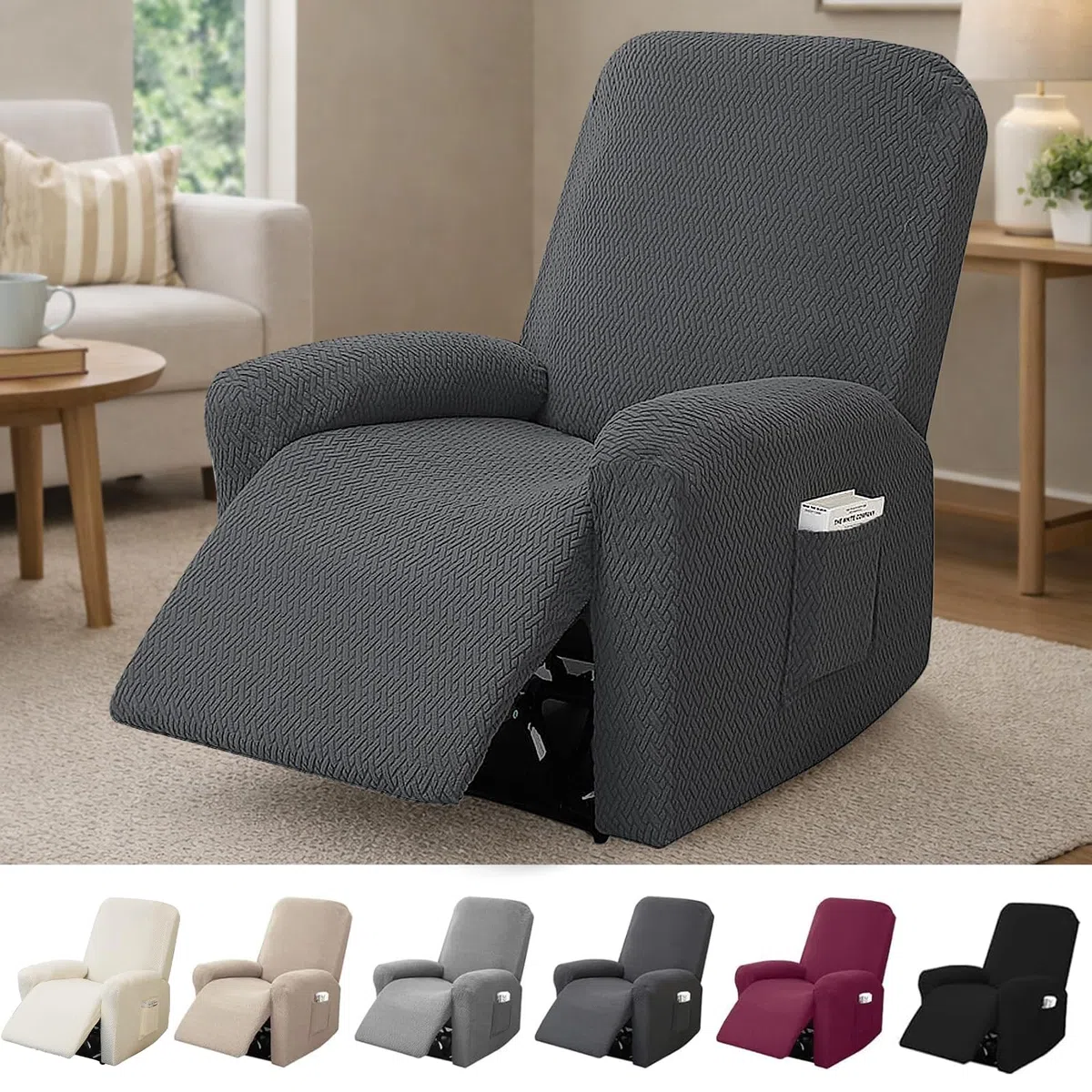 Copripoltrona 1 Posto Elasticizzato, Copripoltrona Relax Reclinabile con Tasca, Jacquard Rigato Tutto Compreso per Poltrona TV (Grigio Scuro, 4 Pezzi)