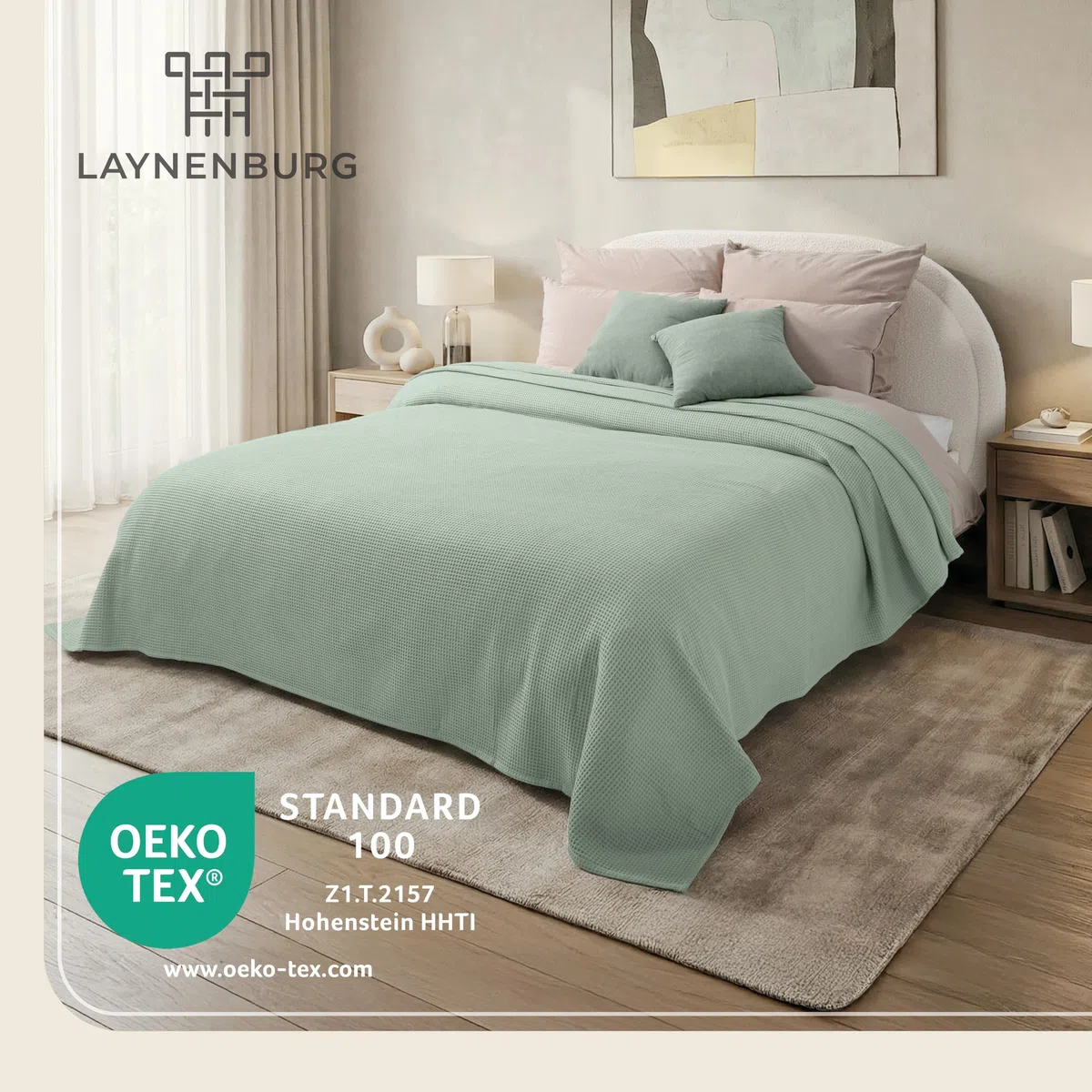 LAYNENBURG Copriletto 150 x 200 cm - Waffle Pique 100% Cotone - Coperta Estiva Leggera - Coperta di Cotone Come Coperta da Letto, Coperta da Divano, Coperta ariosa da Divano (Verde menta)