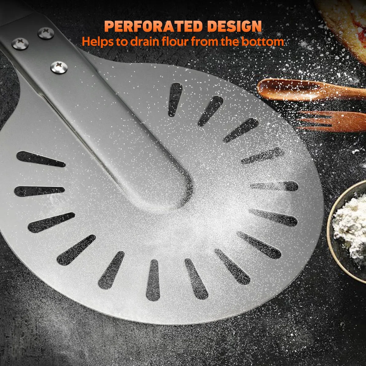 Onlyfire Pala per Pizza Forata, 8 Pollici Palino per Pizza in Alluminio Anodizzato Duro con 96 cm Manico in Legno Isolante Rimovibile per Qualsiasi Forno de Pizza da Esterno o Interno