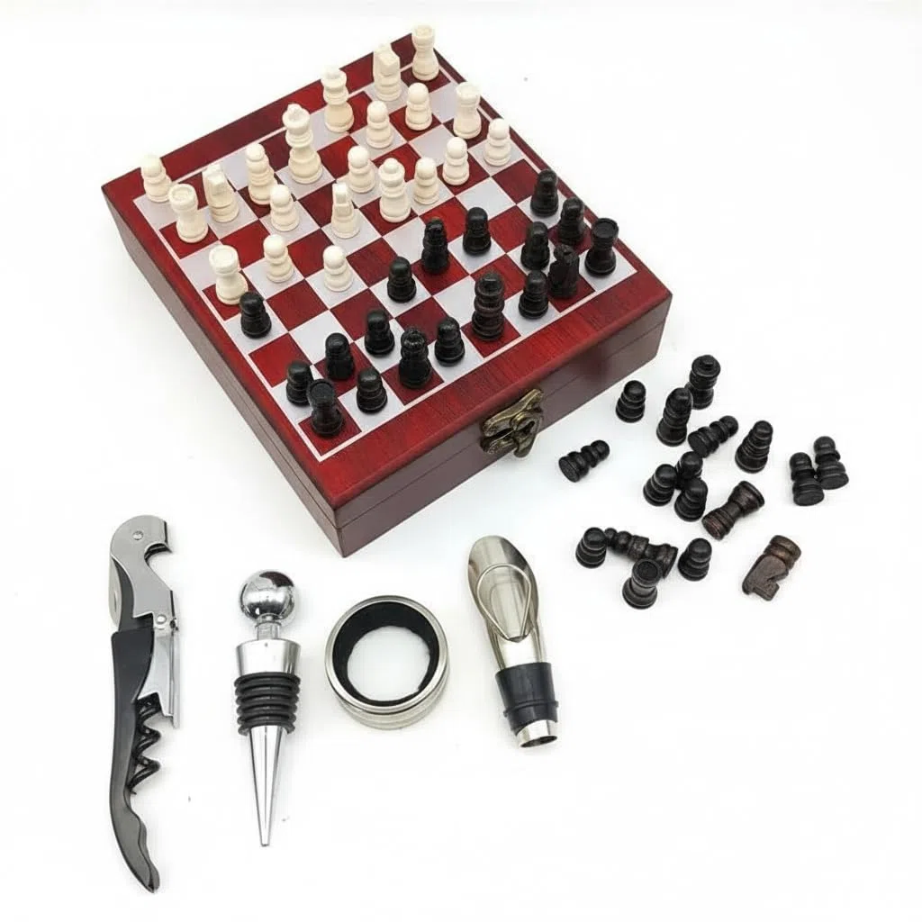 Set Accessori Vino in Scatola di Legno con Scacchiera – Cavatappi, Apribottiglie, Kit Sommelier Completo – Idea Regalo Elegante per Amanti del Vino e degli Scacchi