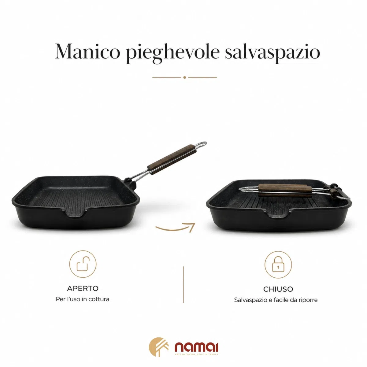 NAMAI - Bistecchiera Antiaderente Pietra, 35CM x 25CM, Alluminio Pressofuso, Adatta In Lavastoviglie, Manico Pieghevole Salvaspazio, Made In Italy