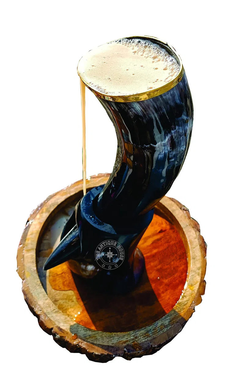 Tazza in corno vichingo nero 100% naturale con supporto per birra, vino e idromele