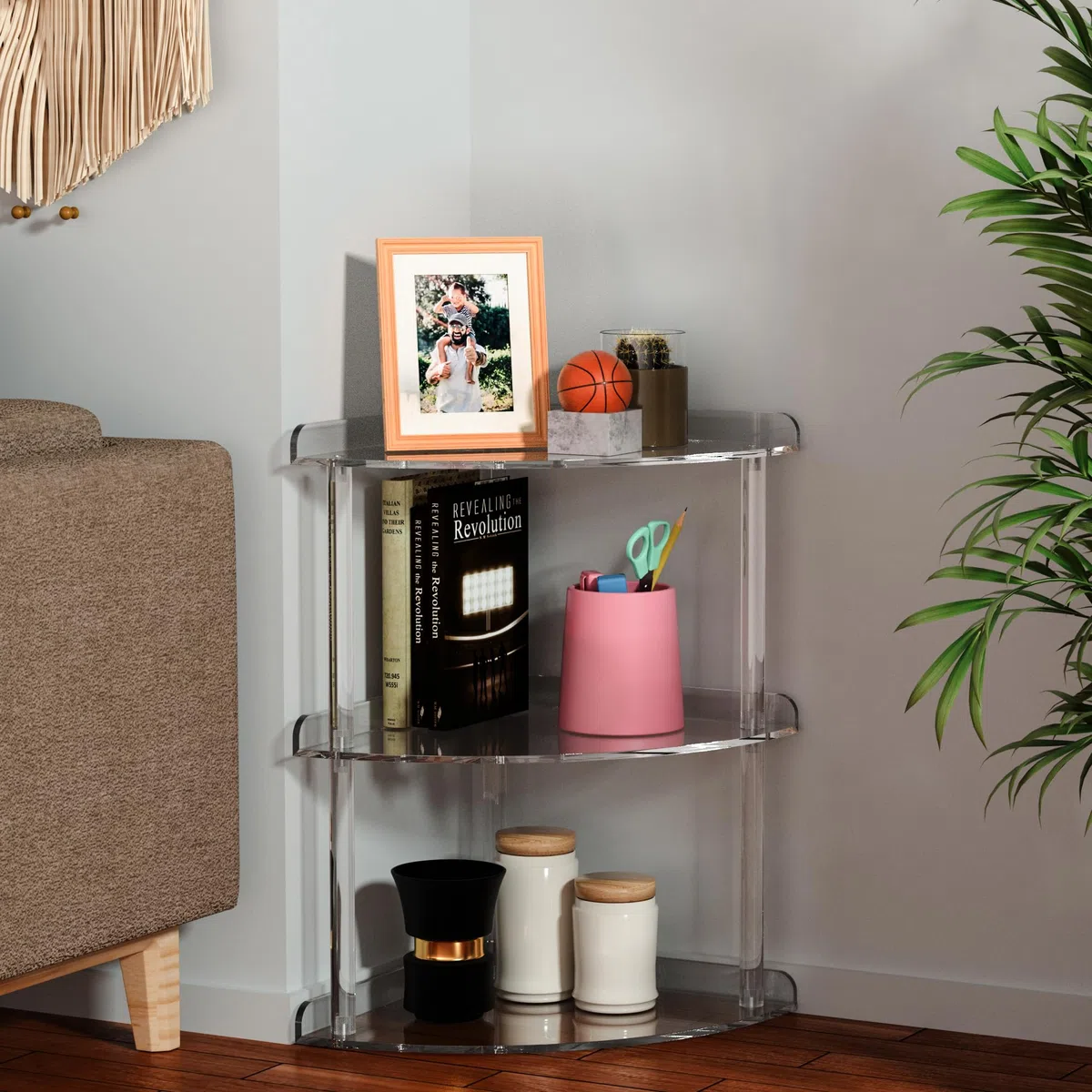Sezanrpt Organizzatore Scaffale Angolare in Acrilico a 3 Ripiani per Contenimento 24 x 24 x 40 cm, Mensola Angolare Trasparente da Bancone per Bagno, Cucina, Camera da Letto, Ufficio, Studio