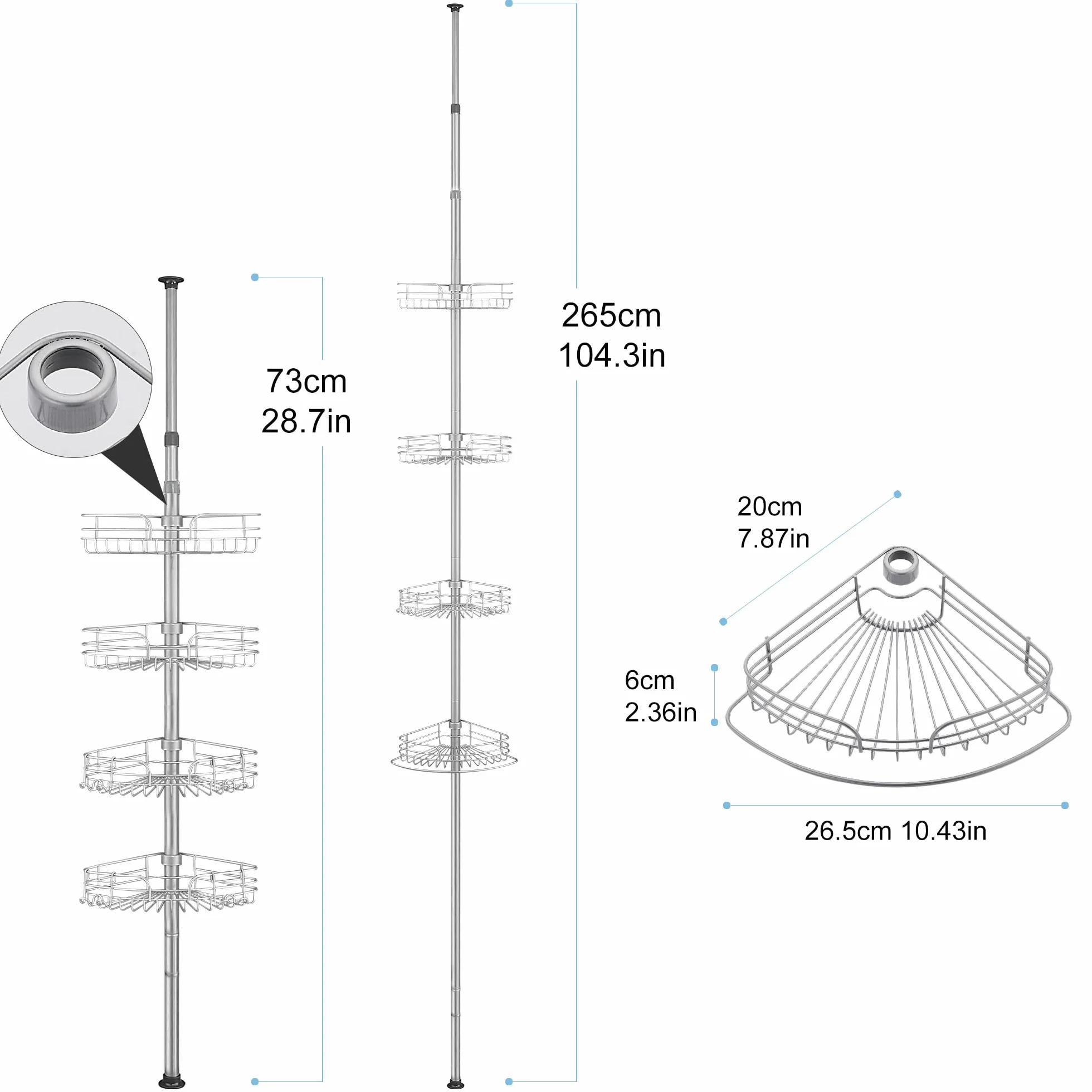 DUFU Telescopico Mensola Doccia Angolare Portaoggetti Doccia Metallo Senza Foratura con 4 Ripiani per Vasca o Bagno Stoccaggio 73-265CM Regolabile in Altezza Grigio