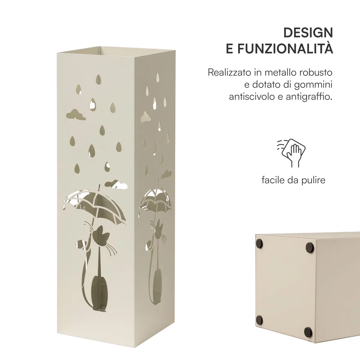 Baroni Home Portaombrelli Design Moderno Porta Ombrelli in Metallo Bianco con Gatto con 2 Gancini e Vaschetta Scolapioggia Rimovibile 15,5X15,5X49 cm