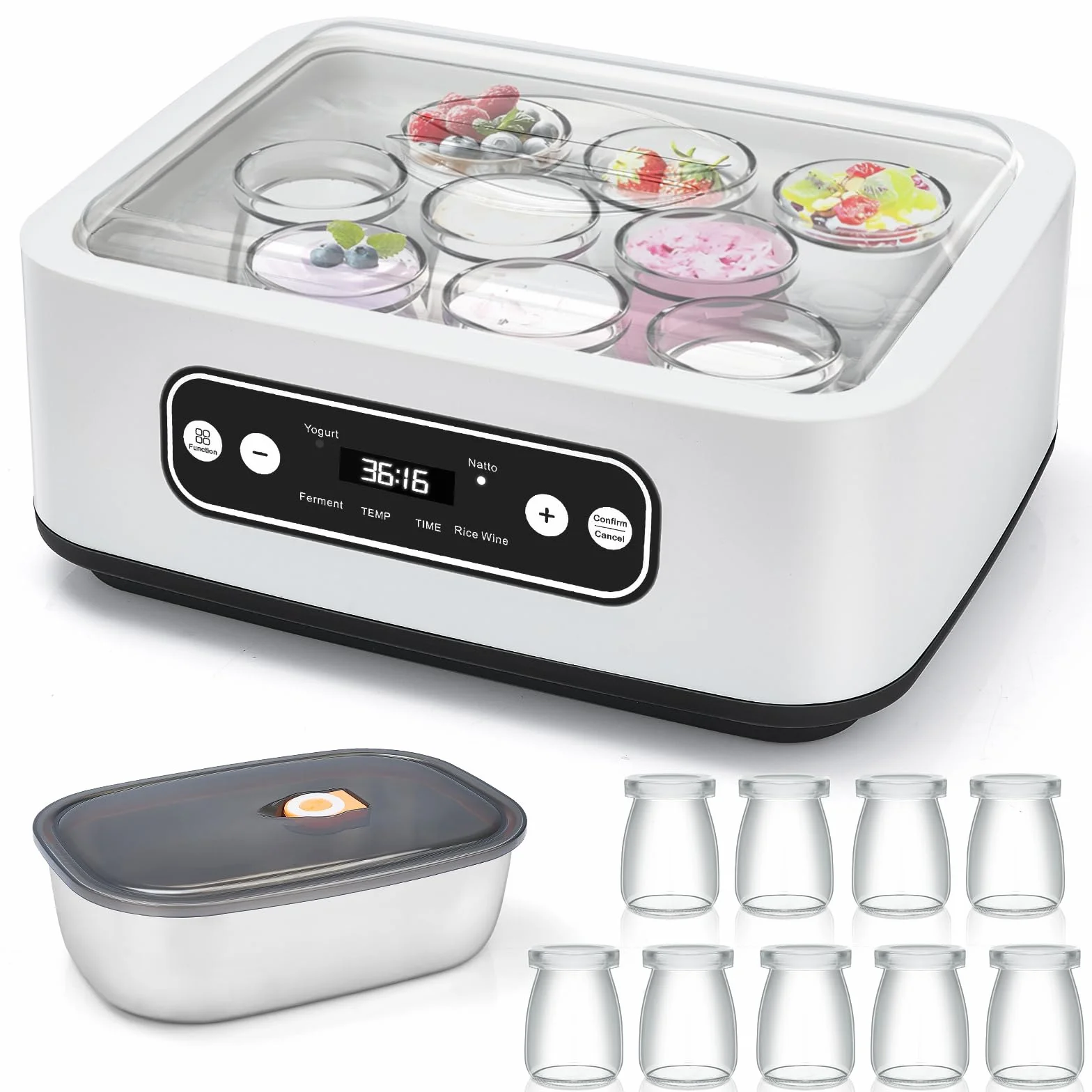 Yogurtiera Elettrica con LCD Display, con 9 Vasetti da 100 ml Ciascuno, Può produrre 1,6 litri di yogurt,Temperatura Regolabile 20-55°C, Arresto Automatico e Coperchio con Display