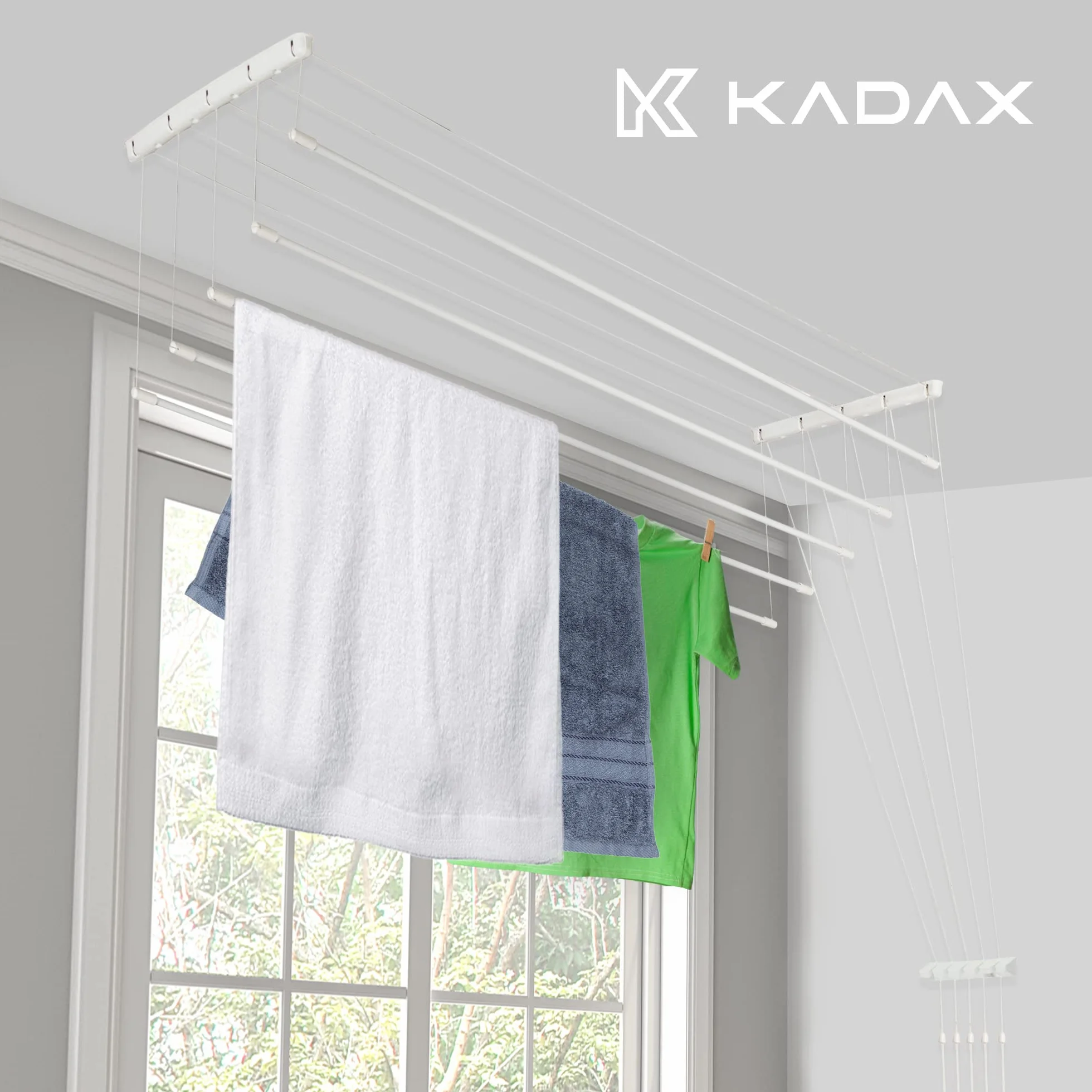 KADAX Stendibiancheria da Soffitto in Acciaio Rivestito in Polietilene, Stendino con Design Salvaspazio e Capacità di Carico di 10 kg (Bianco, 5 x 100)