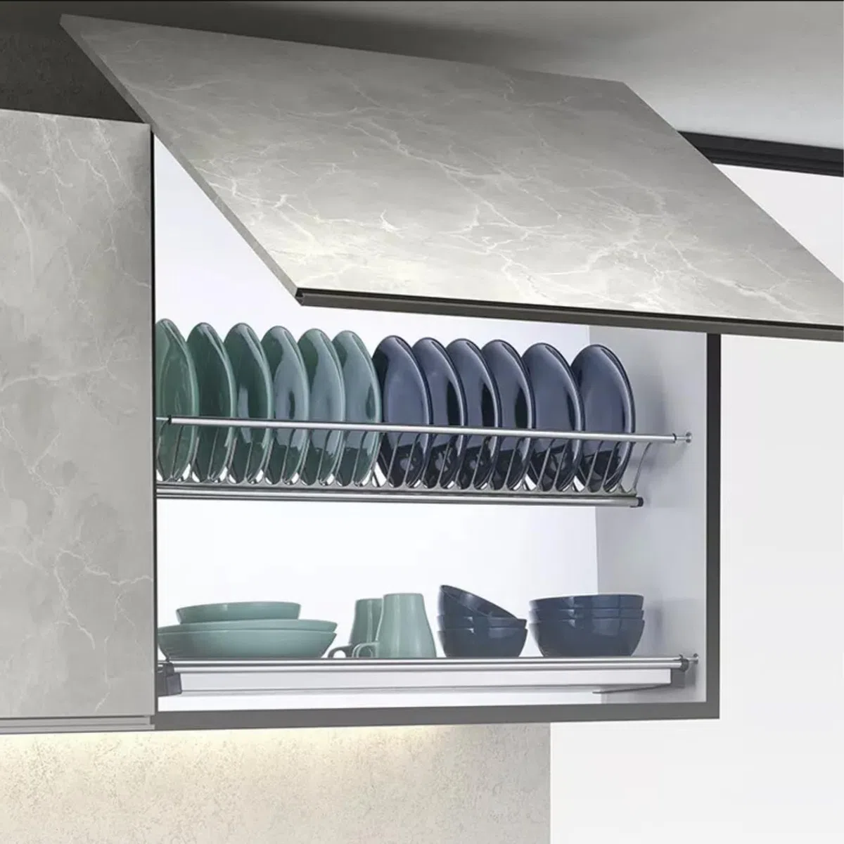 Evotrade Scolapiatti in Acciaio Inox ad Incasso con Molle Regolabili - Per Mobile Pensile - Kit con Raccogli Gocce e Griglia Bicchieri (Per Modulo 60 CM)