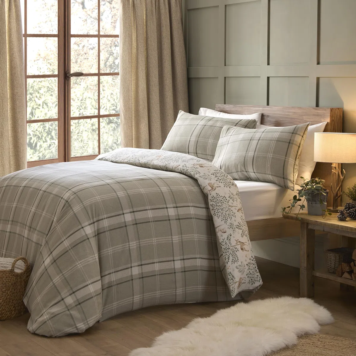 Dreams & Drapes - Copripiumino Naturale Foresta Cervo - Letto Matrimoniale (200 x 200cm) - Design Reversibile - Super Morbido 100% Cotone - Copripiumino Flanella in Naturale - Biancheria da letto