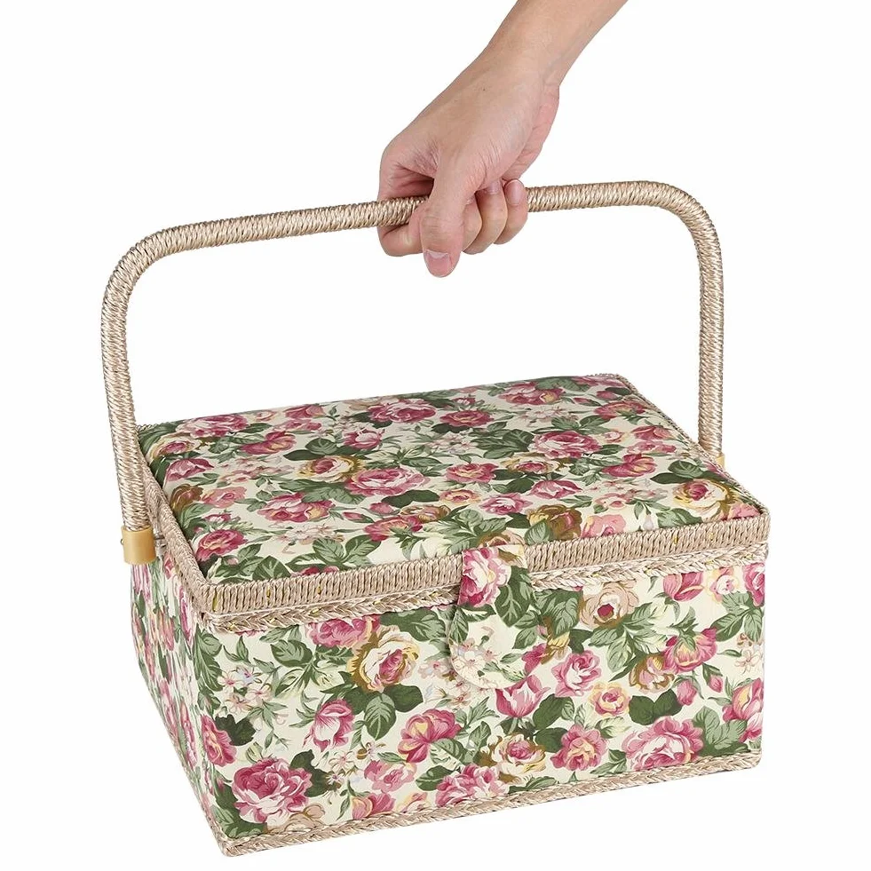 Scatola da cucito cestino da cucito, motivo floreale a rosa, cestino da cucito stampato con manico ergonomico per organizzatore domestico, 30,5 x 23,1 x 15,5 cm