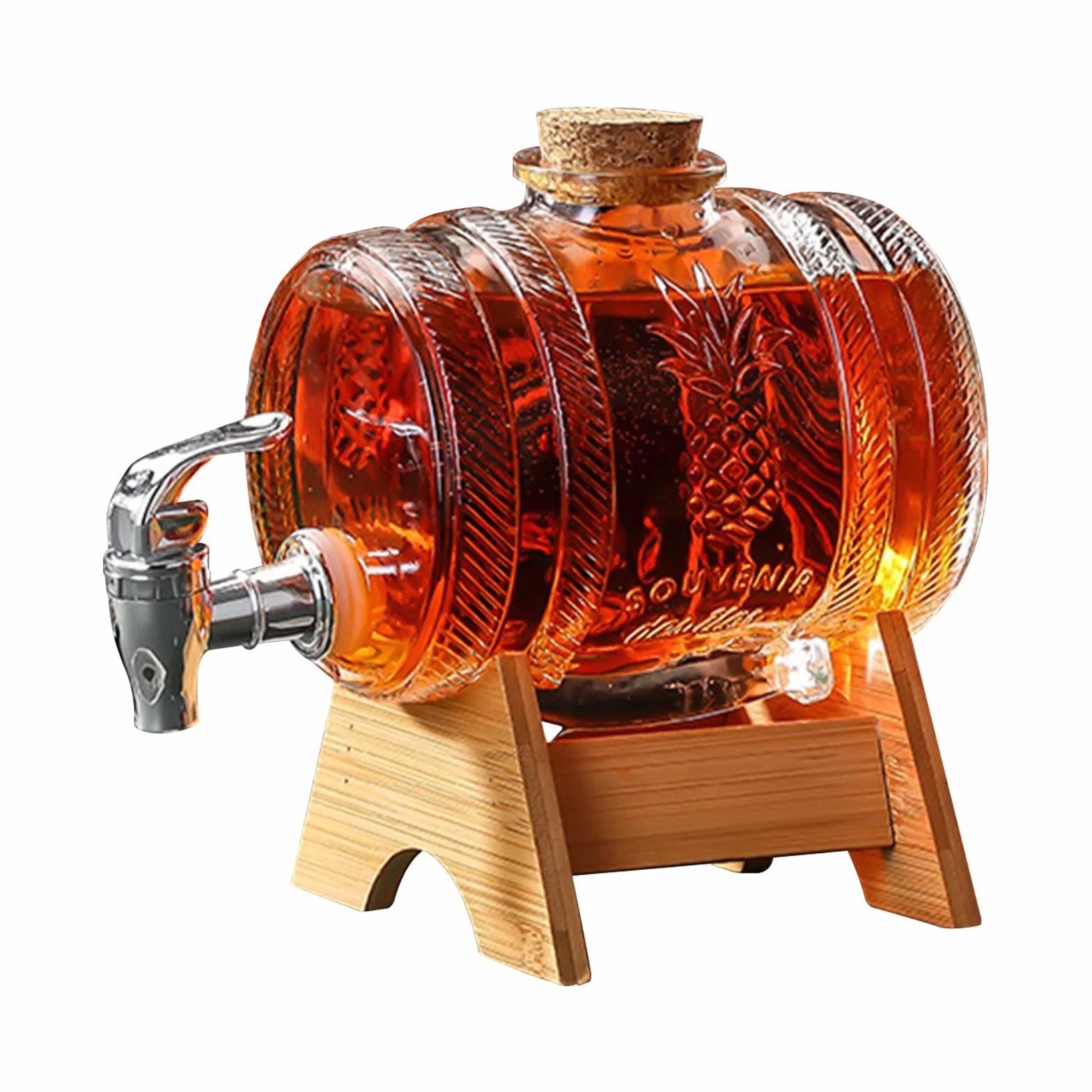 Dispenser per bevande a forma di barile da 1 L, caraffa per whisky per alcolici con rubinetto, dispenser trasparente con base in legno per vino, botte per whisky, limonata (JS-1)