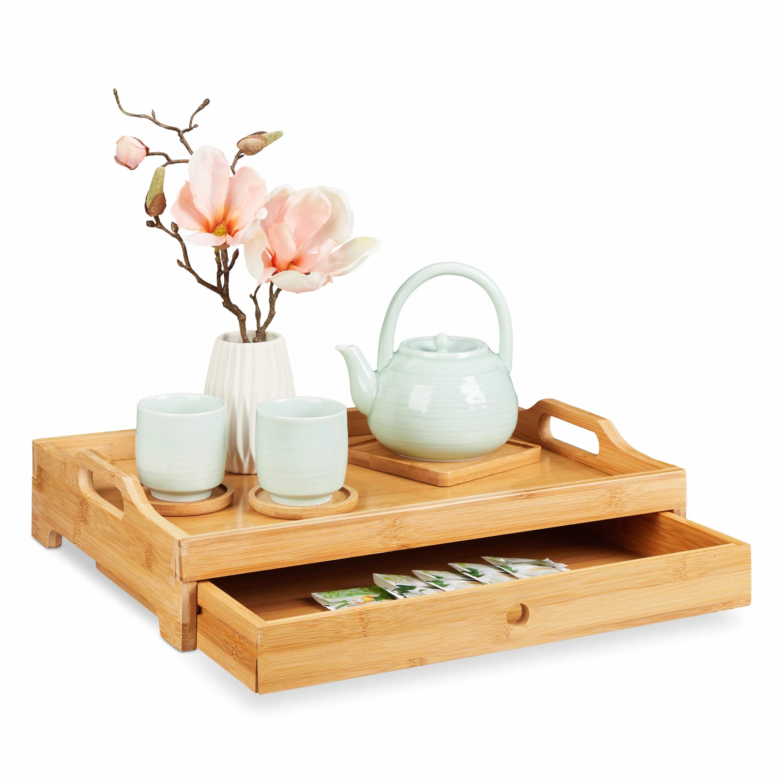 Relaxdays Vassoio da Portata in bambù, tiretto Estraibile, tavolino da Colazione con Manici, HLP: 10x43x31 cm, Naturale