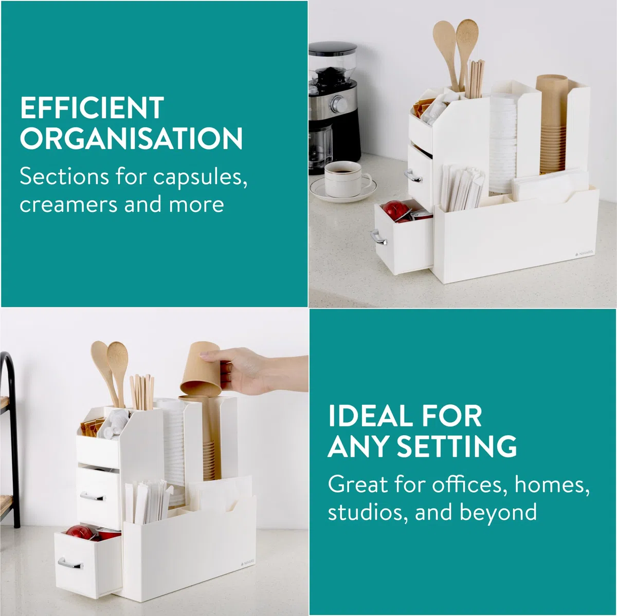 Navaris Organizzatore Professionale per Caffetteria - Cassettiera Verticale Multiscomparto - per Bicchieri Cannucce Tovaglioli Posate Bustine Zucchero - Crema