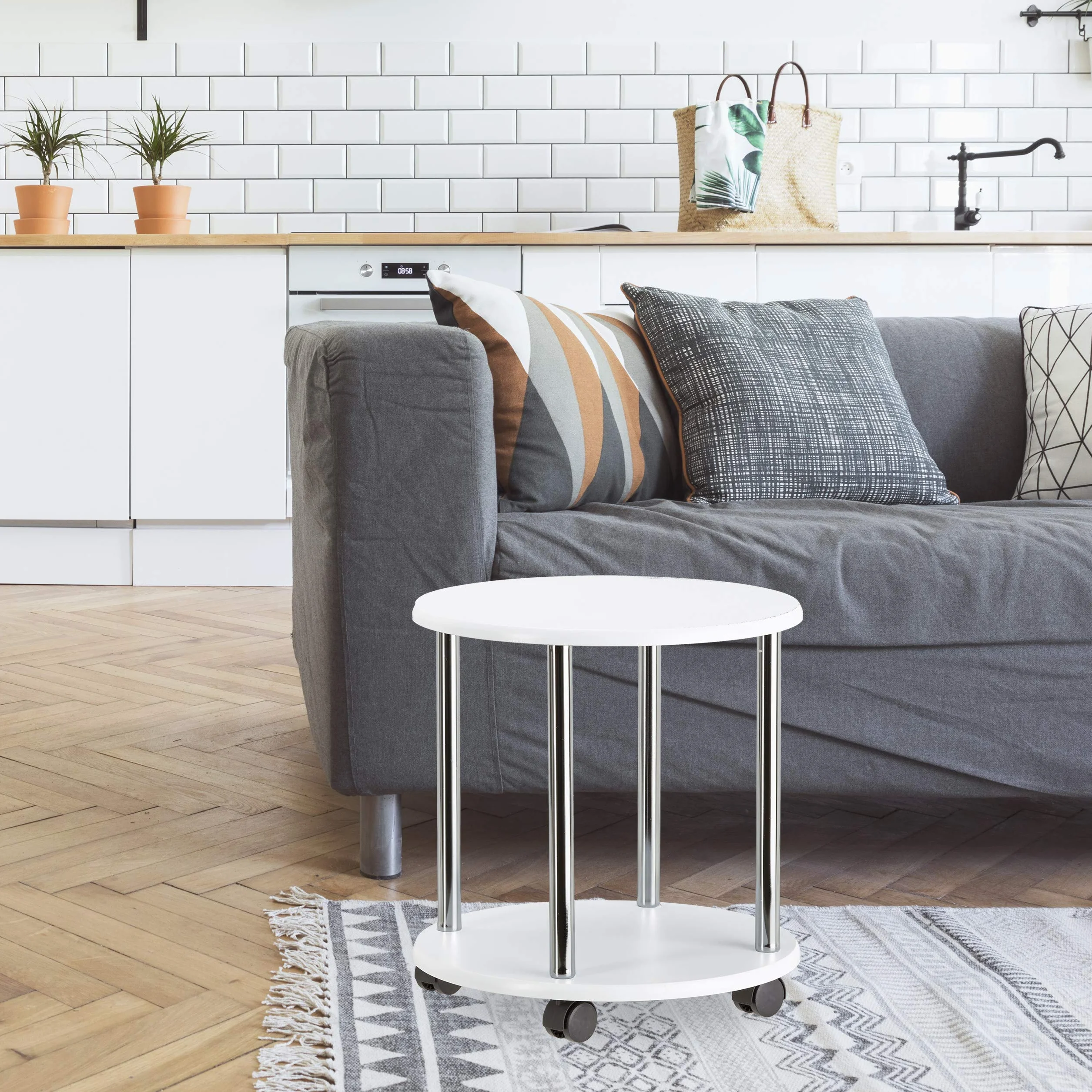 Relaxdays Tavolino da salotto legno carrello con ruote multiuso piccolo tavolo divano carrellino HLP 41,5x40x40cm bianco