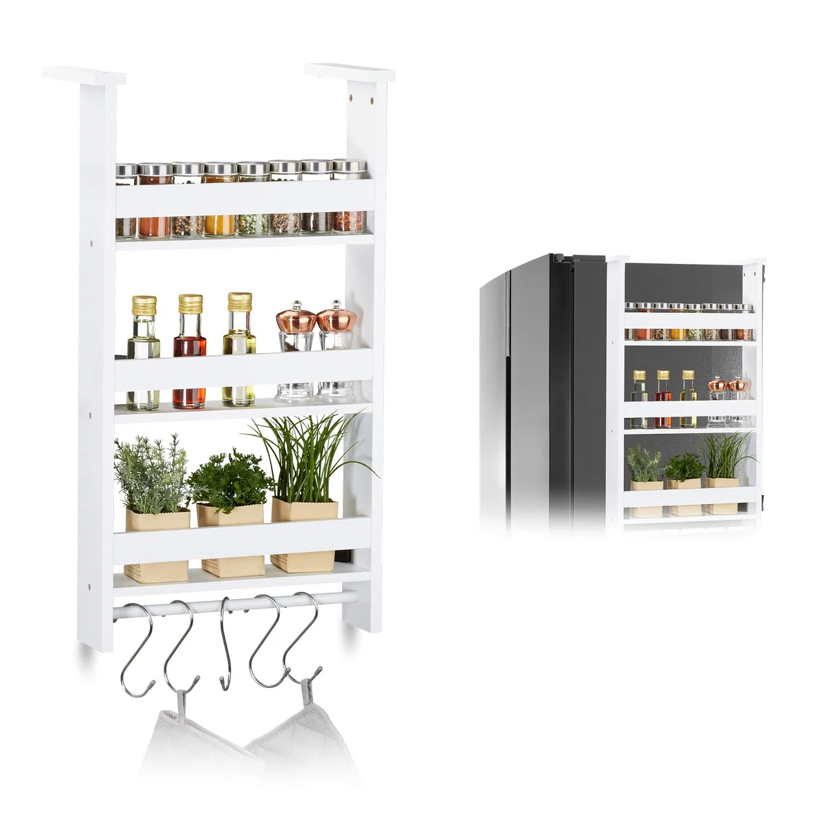 Relaxdays Scaffale per il Frigorifero, Mensole Porta Spezie, da Appendere, 5 Ganci, MDF, Misure HLP 74x42x20 cm, Bianco