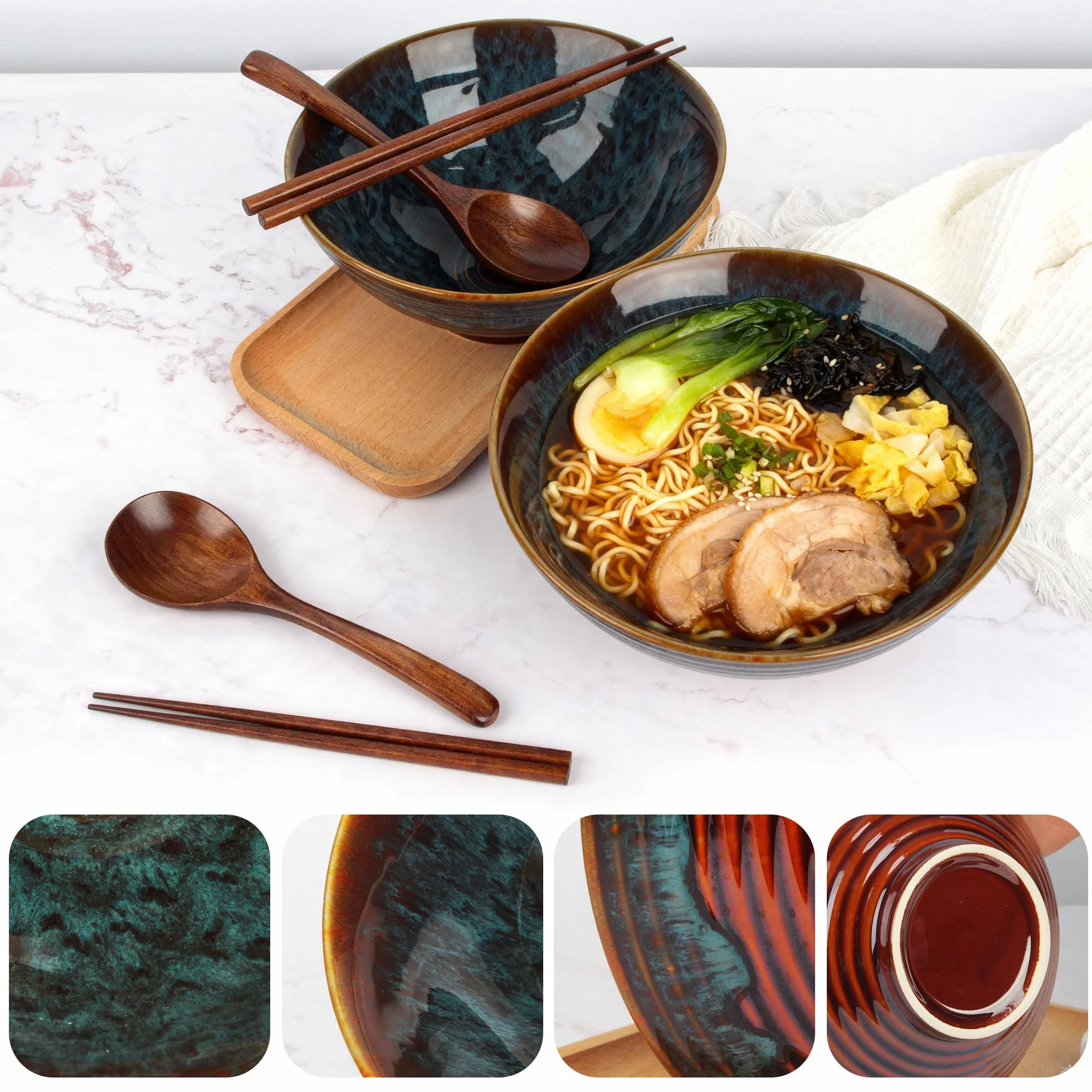 JIYANA 2 x 1200ml Ciotola Ramen in Ceramica con Bacchette e Cucchiai, Ciotole Ramen Giapponesi 20cm, Ramen Bowl Set per Ramen e Noodles, Ciotole Ceramica Bowl per Casa Uso Quotidiano