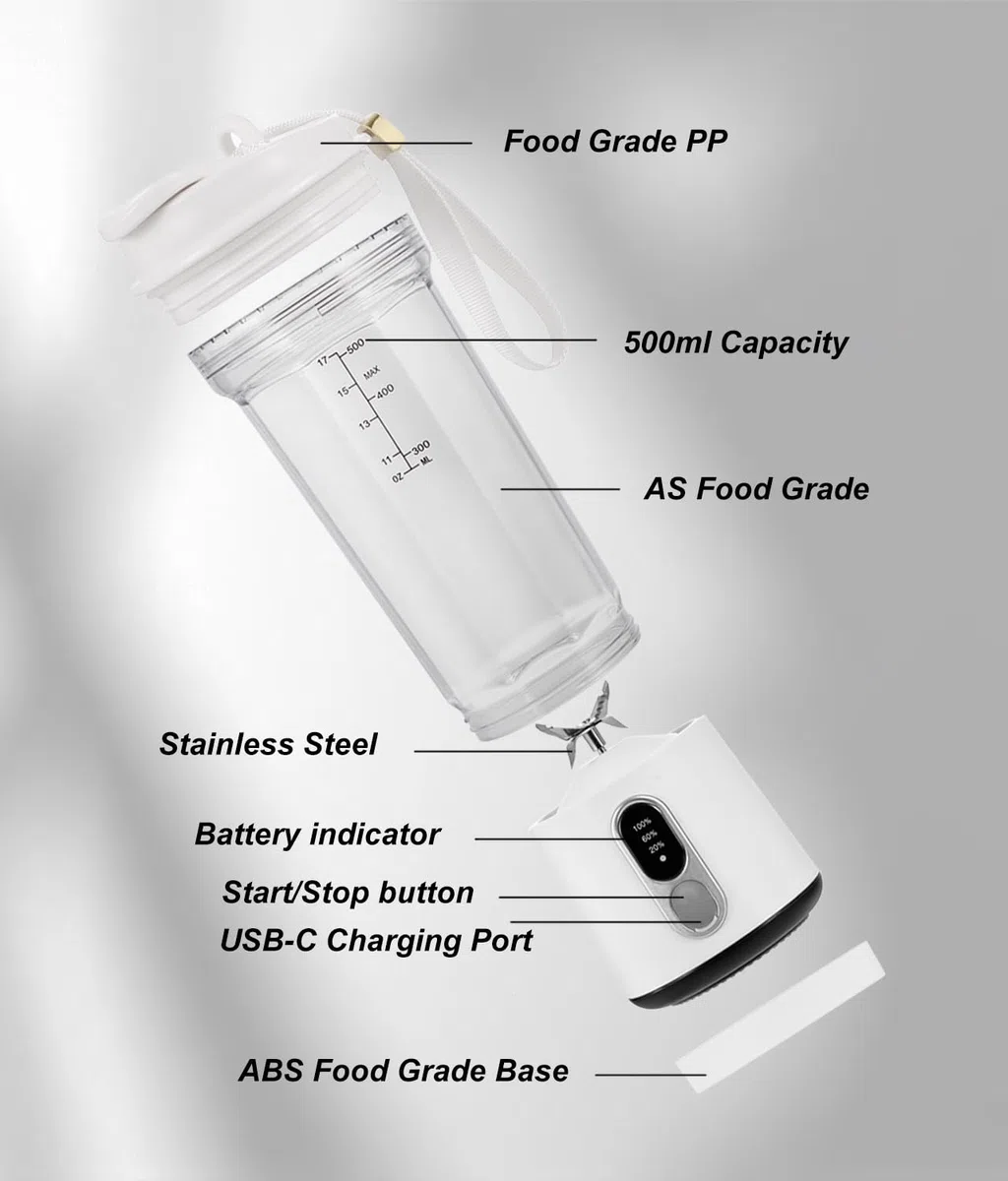 Frullatore Portatile 500ml per Frullati e Smoothies, Ricaricabile USB-C 4000mAh, 6 Lame in Acciaio Inossidabile, Frullatore da Viaggio Senza Fili per Palestra, Esterno, Cucina