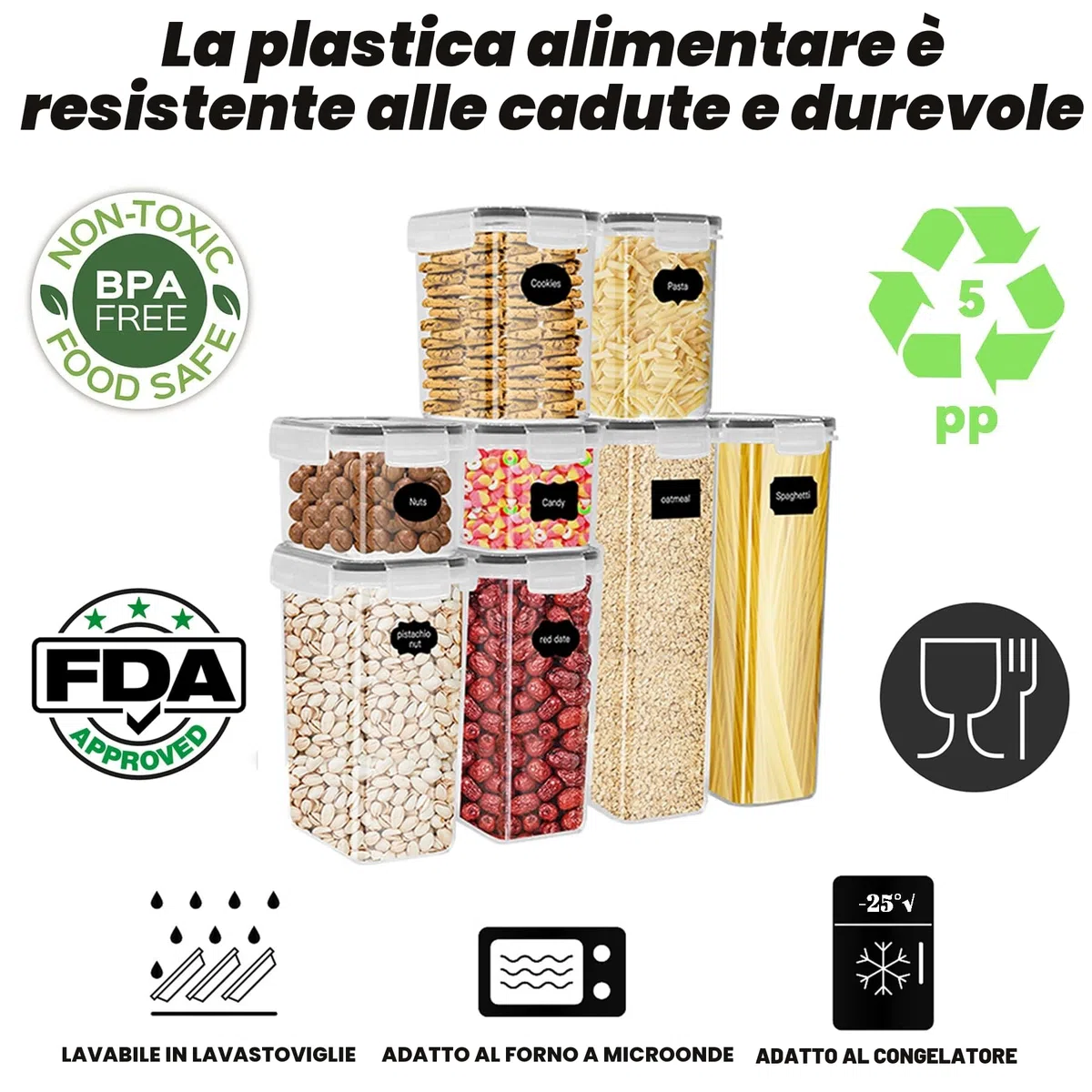 Set 8 Pezzi Contenitori Alimentari Per Cereali, Barattoli ermetici per alimenti, Senza BPA,Utilizzato per la Conservazione di Pasta, Cereali, Muesli, Farina, Spaghetti (2.8L+2L+1.4L+0.8L)