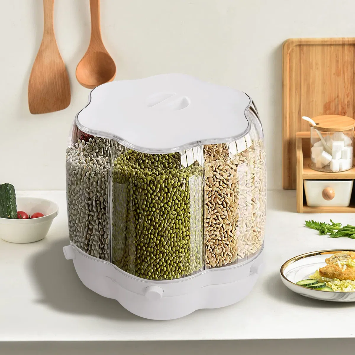 Distributore di cereali, contenitore girevole per alimenti, 6 pezzi, per conservare farina, zucchero, riso, cereali, noci, legumi e caffè.