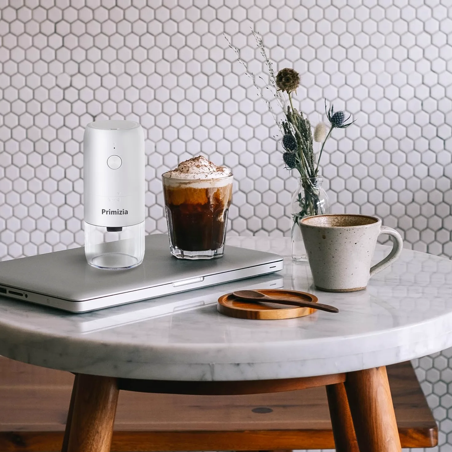 Primizia Macina Caffe' Elettrico Ricaricabile, Macina Caffè Granulometria Regolabile,Macinatura in Ceramica per Chicchi Di Caffè,Bianco (YMJ01-Bianco)