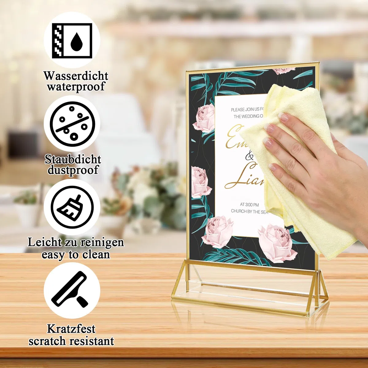 12 espositori da tavolo trasparenti formato A6, 10 x 15 cm, in acrilico, per matrimonio, con bordo dorato, formato A6, supporto doppio a T, per foto, caffè, ristorante, uffici