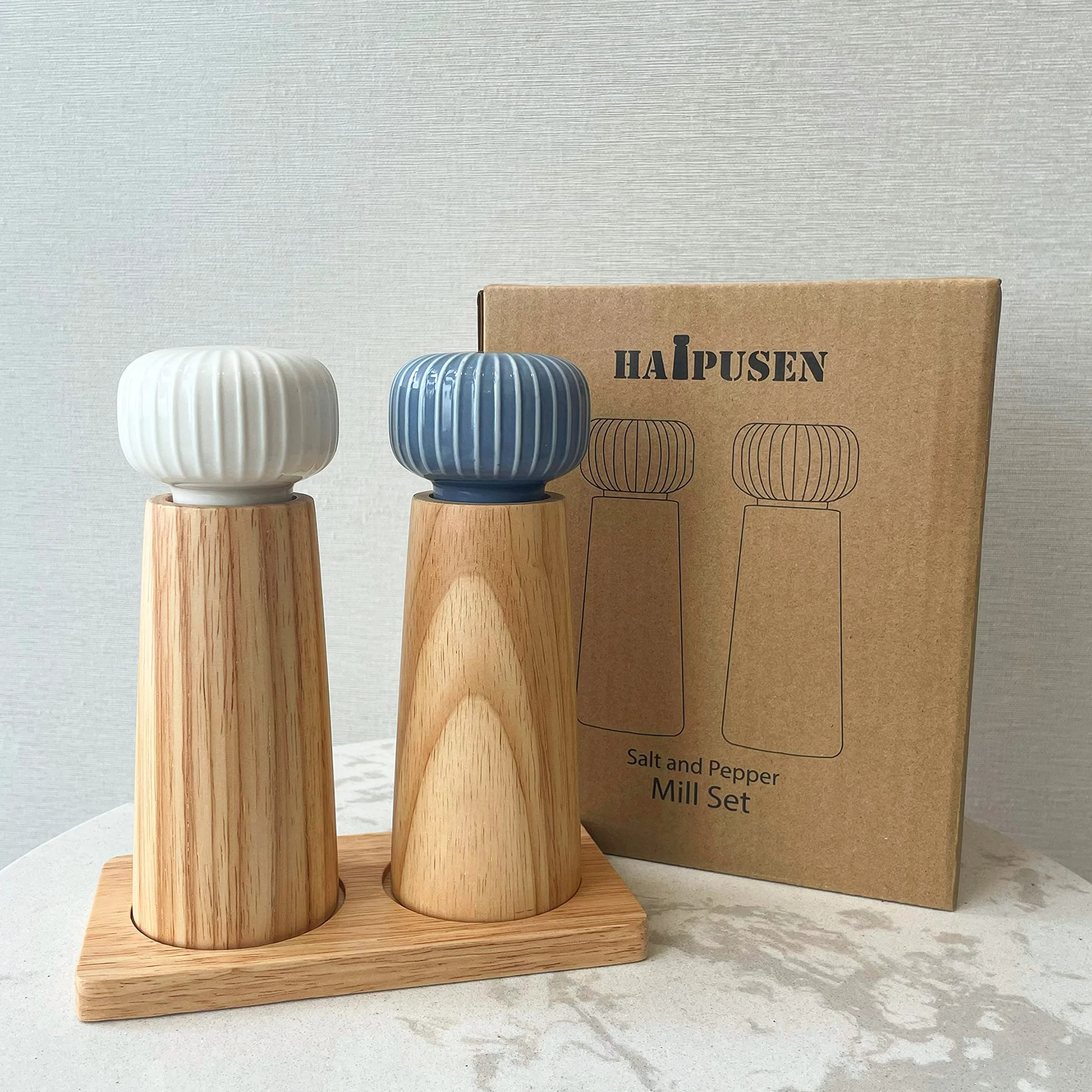 Macina Sale e Pepe in Legno e Ceramica - Macina Pepe con Macinino Regolabile, 17.5cm (Con Sottobicchiere)