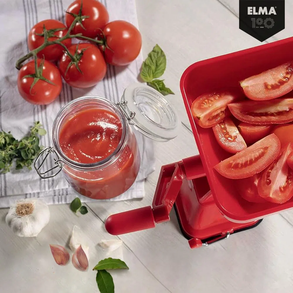 Elma Passapomodoro Manuale Macchina per Pomodoro in Plastica con Fissaggio a Ventosa con Filtro in Acciaio Inossidabile Rosso per Fare la Salsa di Pomodoro