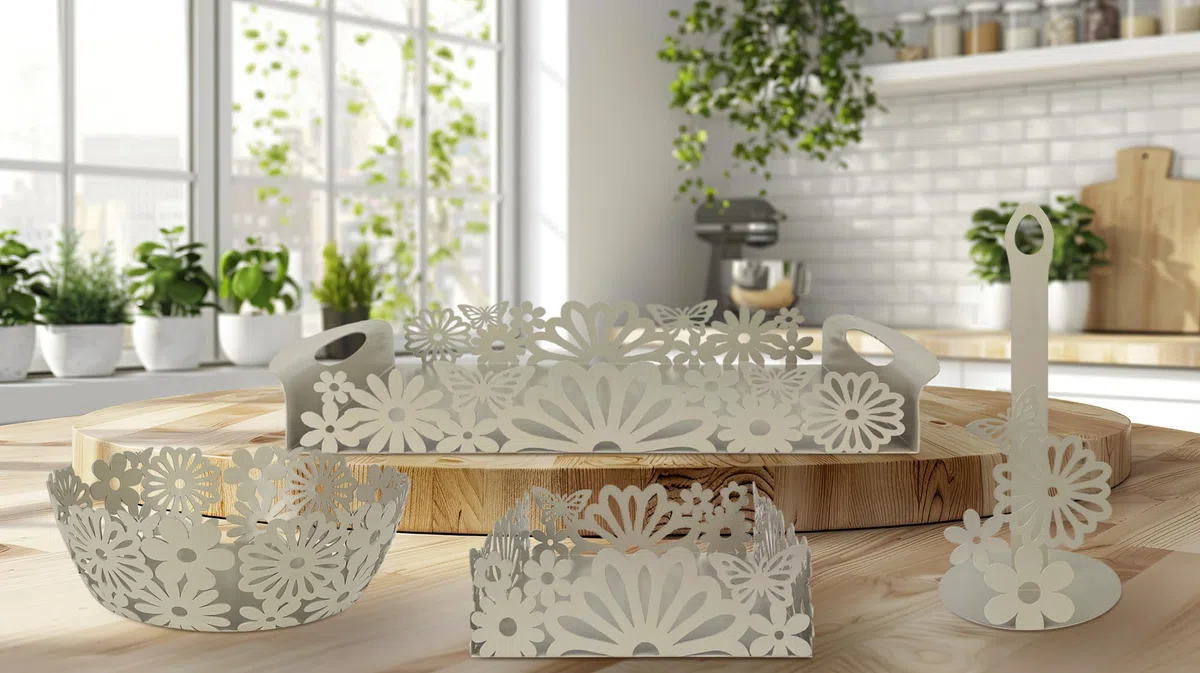 Set Accessori Cucina 2/4 Pezzi Portatovaglioli Vassoio Grande Da Portata Portafrutta Centrotavola Metallo Design Moderno Decorazioni Tavola - Fiori - 4 Pezzi