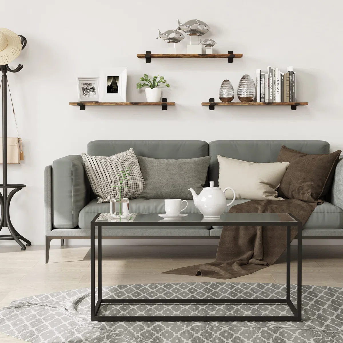 EUGAD Set di 3 Mensole da Parete, Ripiani Salvaspazio per Cucina, Camera da Letto, Portata Max 15 kg, 60x20x7 cm, in MDF e Metallo, Legno Vintage e Nero