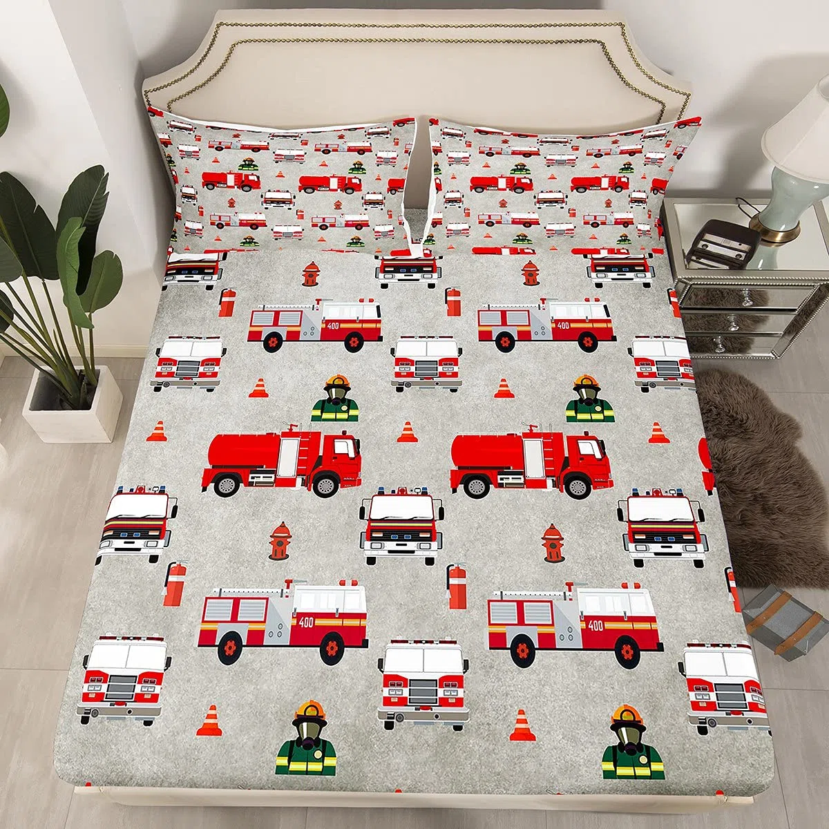 Loussiesd Set di lenzuola per bambini con vigili del fuoco e vigili del fuoco, lenzuolo sotto con angoli 90 x 200 cm, motivo: auto dei pompieri rosso, con 1 federa