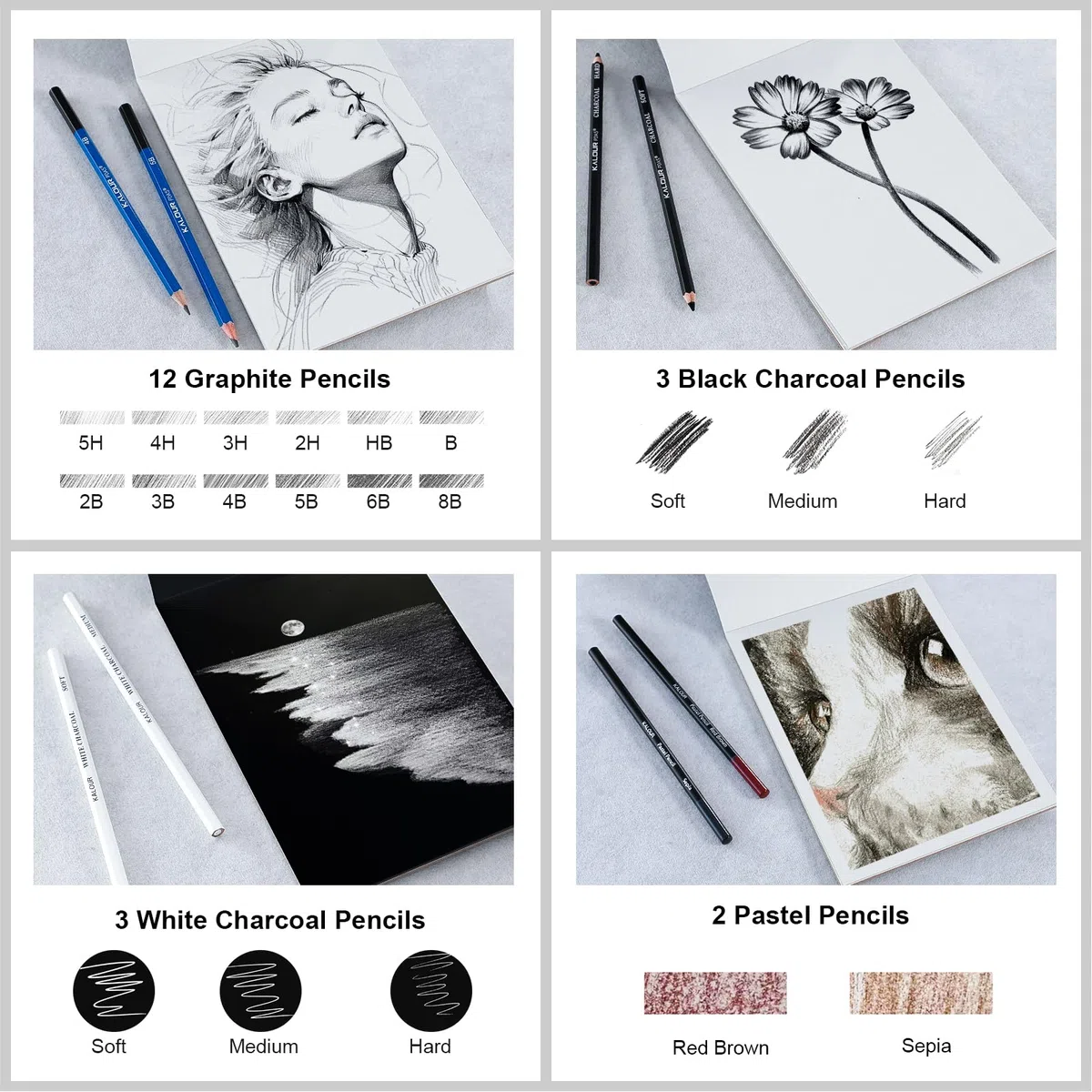 KALOUR PDAS 112 Set per Disegno Kit da Schizzo, Forniture Artistiche Professionali con Libro da Schizzo a 3 Colori & Libro da Colorare, Matite Neon, Colorate, Acquerello, Metalliche, Grafite