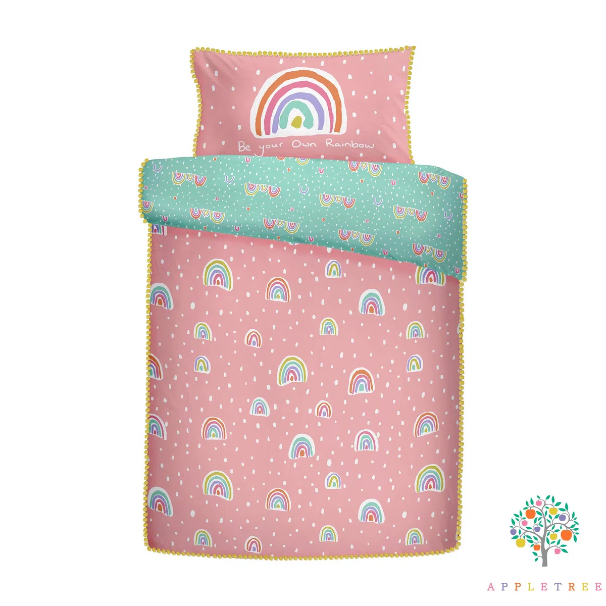 Appletree - Set Copripiumino con Pompon Arcobaleno, 100% Cotone, Rosa, Doppio