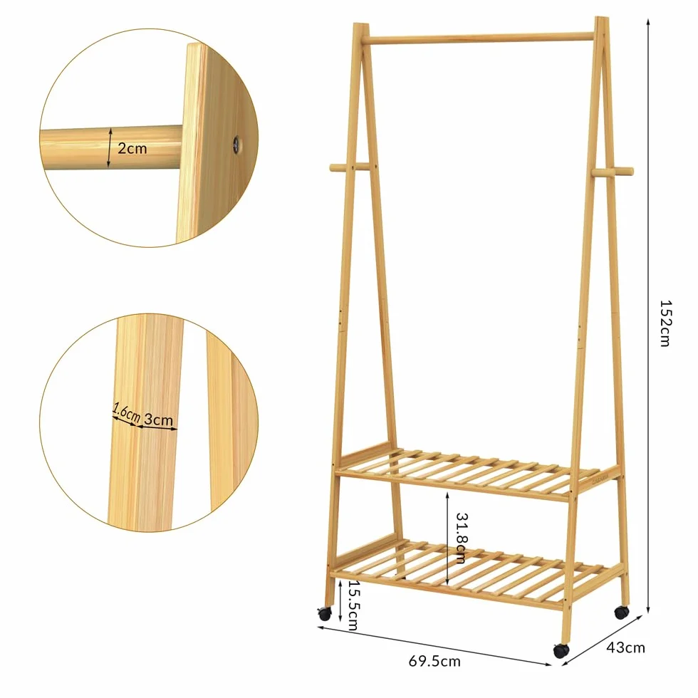 Casaria® Appendiabiti in Legno con Rotelle e Ripiani Attaccapanni Stabile in Bambù incl. 4 Ganci Porta Abiti 155x70cm da Corridoio Portabiti