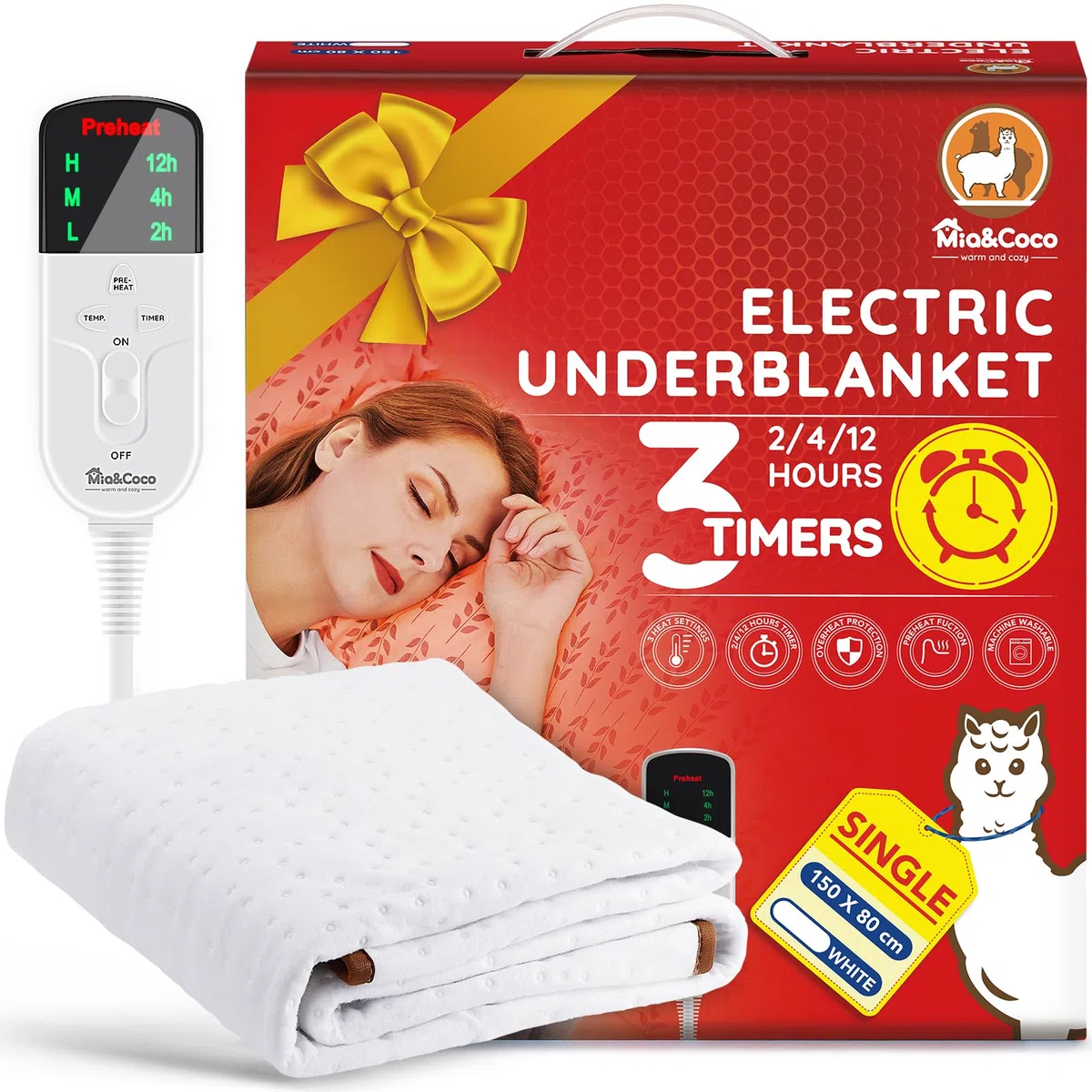 Mia&Coco Coperta termica con spegnimento automatico, 150 x 80 cm, con timer 12 ore e 3 livelli di calore, indicatore LED, protezione da surriscaldamento, coperta termica per materassi frequenti