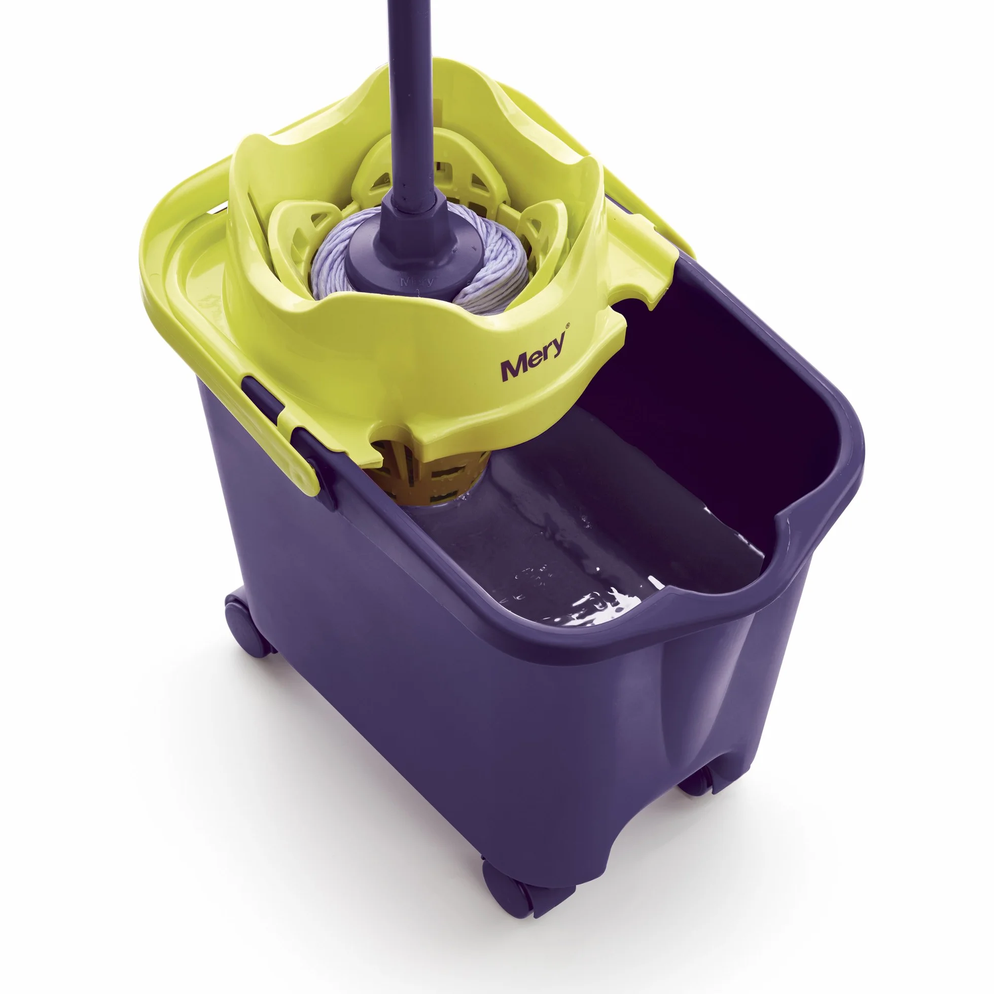 Mery - Cubo Strizzatore Automatico con Sistema a Molla, 4 Ruote Girevoli, e Canalizzazione per Lo Scolo, Adatto a Tutti i Mop, Viola e Giallo, 14 L