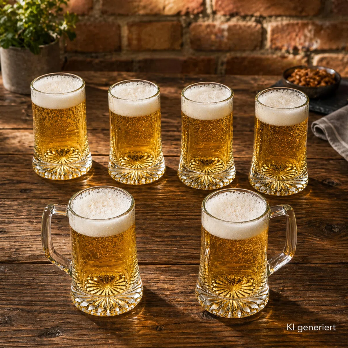 MamboCat Akki - Set di 6 boccali da birra da 0,2 l, altezza 12,2 cm, per 6 persone, in vetro con fondo a stella e manico, bicchieri da birra trasparenti da 200 ml, per feste