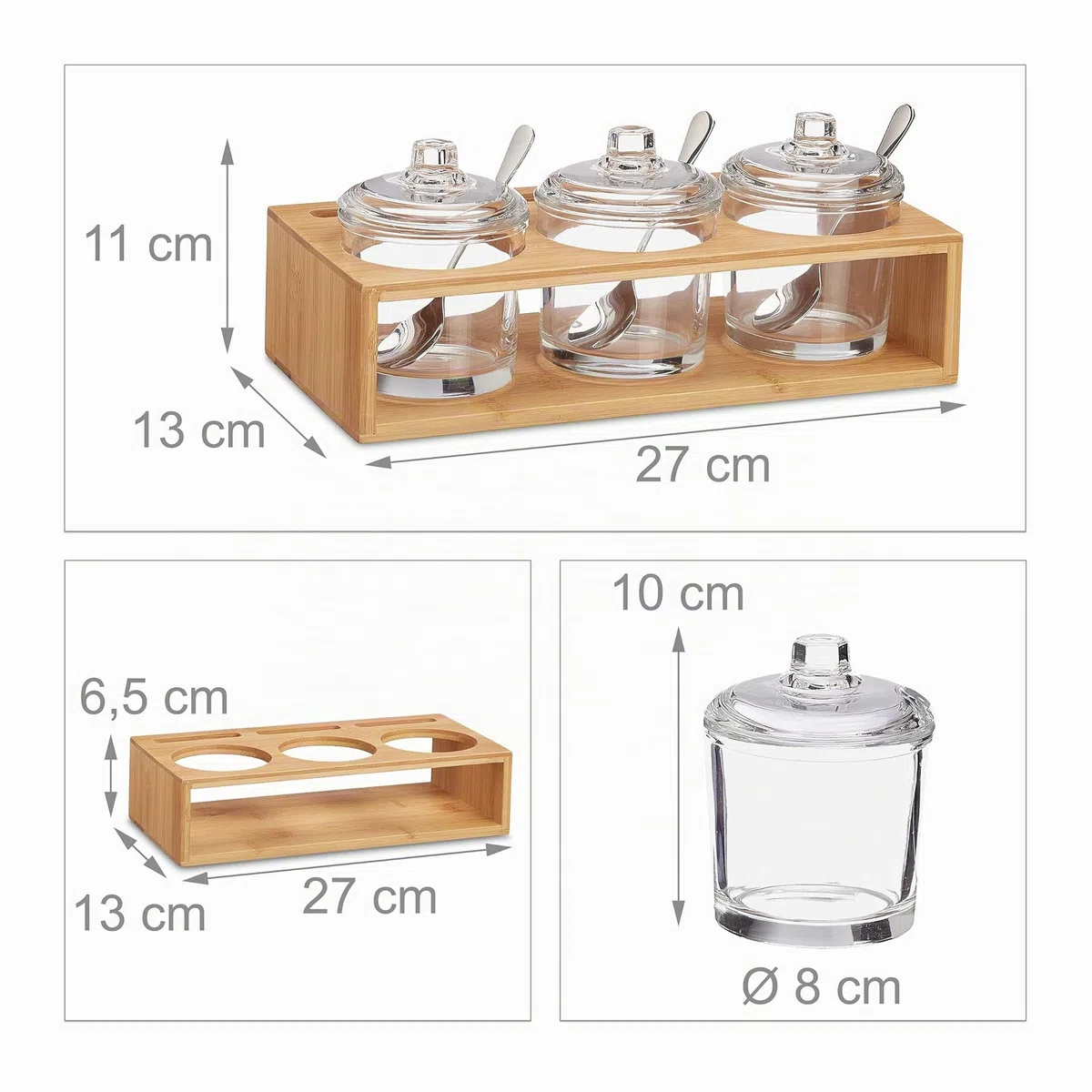 Relaxdays Barattoli da Cucina in Vetro, Set da 3, Base Bambù, Porta Spezie, Cucchiaio e Coperchio, Naturale Trasparente