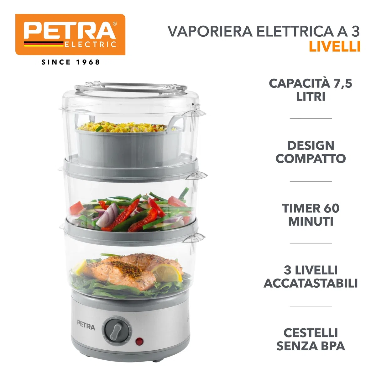Petra PT2726ZV2HEVDE - Vaporiera elettrica a 3 livelli, 7,5 l, cestelli e contenitore per riso senza BPA, design compatto, timer da 60 minuti, 500 W, ciotole rimovibili, per carne e verdura