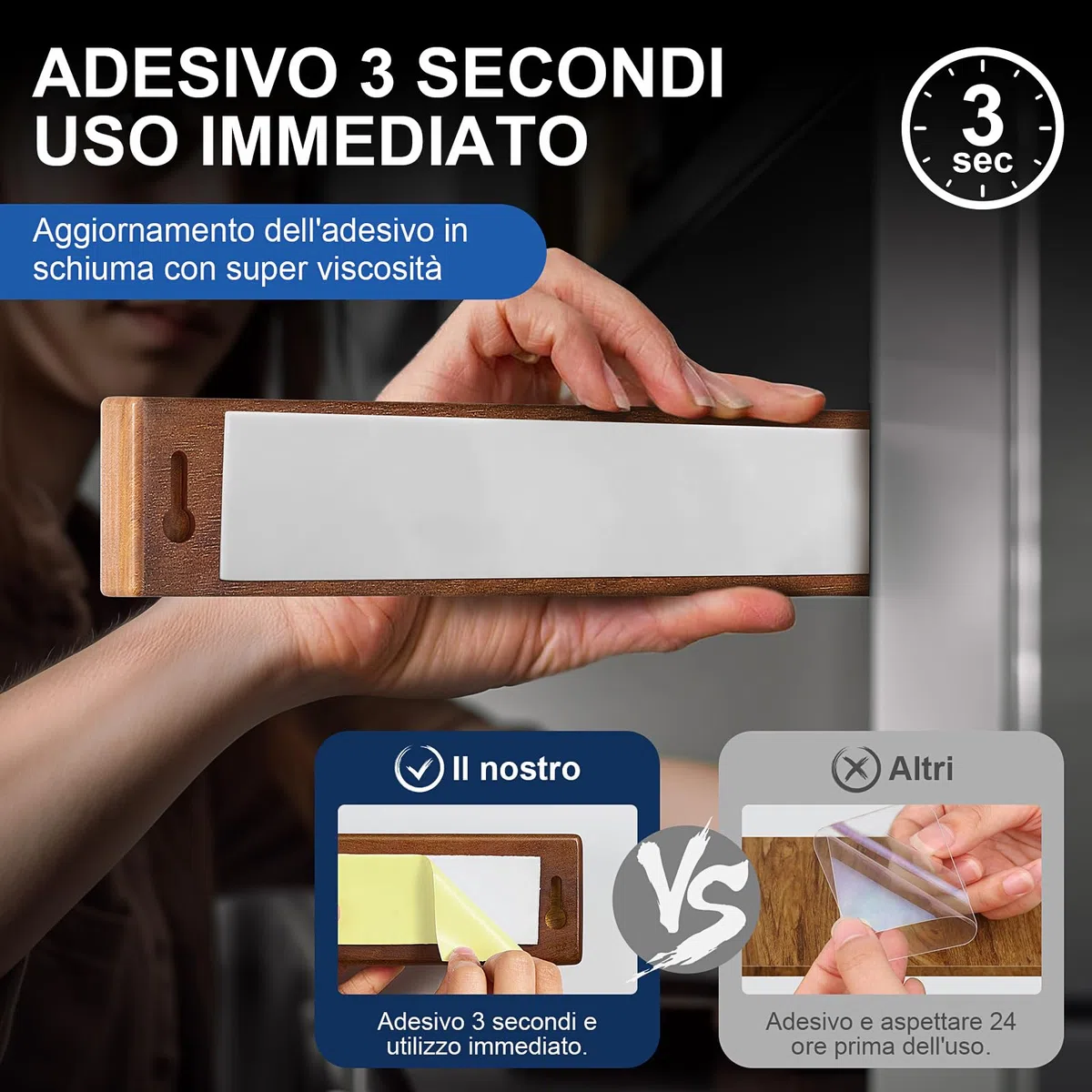ENOKING Portacoltelli Magnetico 26 cm, Barra Magnetica per Coltelli Senza Forare, Porta Coltello Forte in Legno D'acacia con 2 Ganci