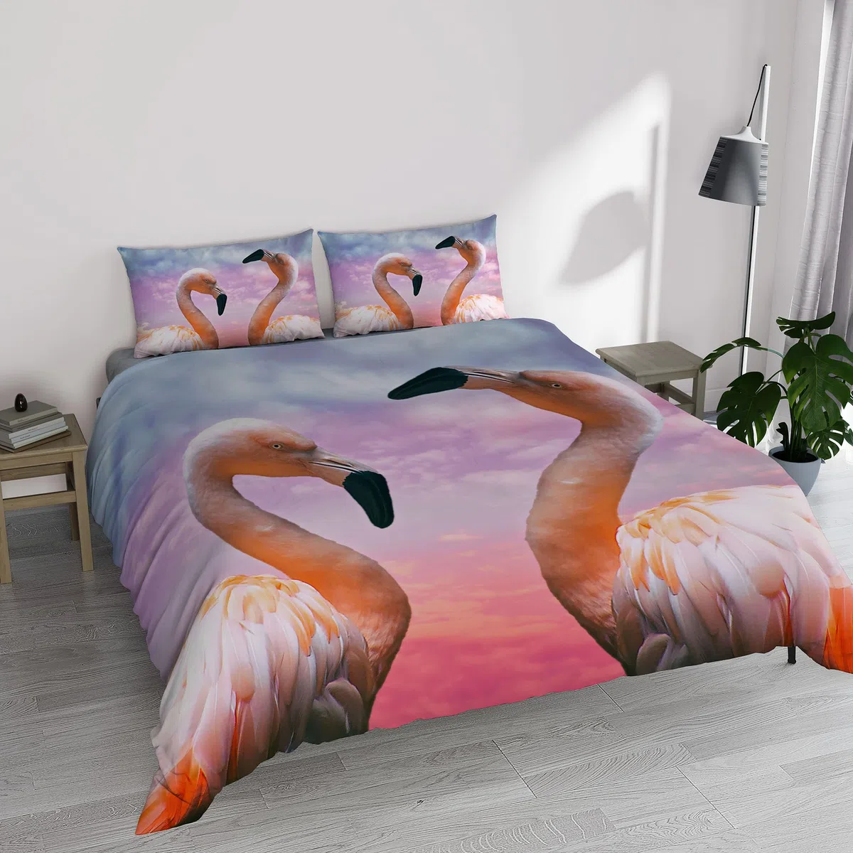Parure Copripiumino stampa digitale GOODNIGHT - Made in Italy 100% microfibra con trattamento Mano Pesca - Sacco Piumino letto Matrimoniale 250x200 cm con patella + 2 federe - FLAMINGO