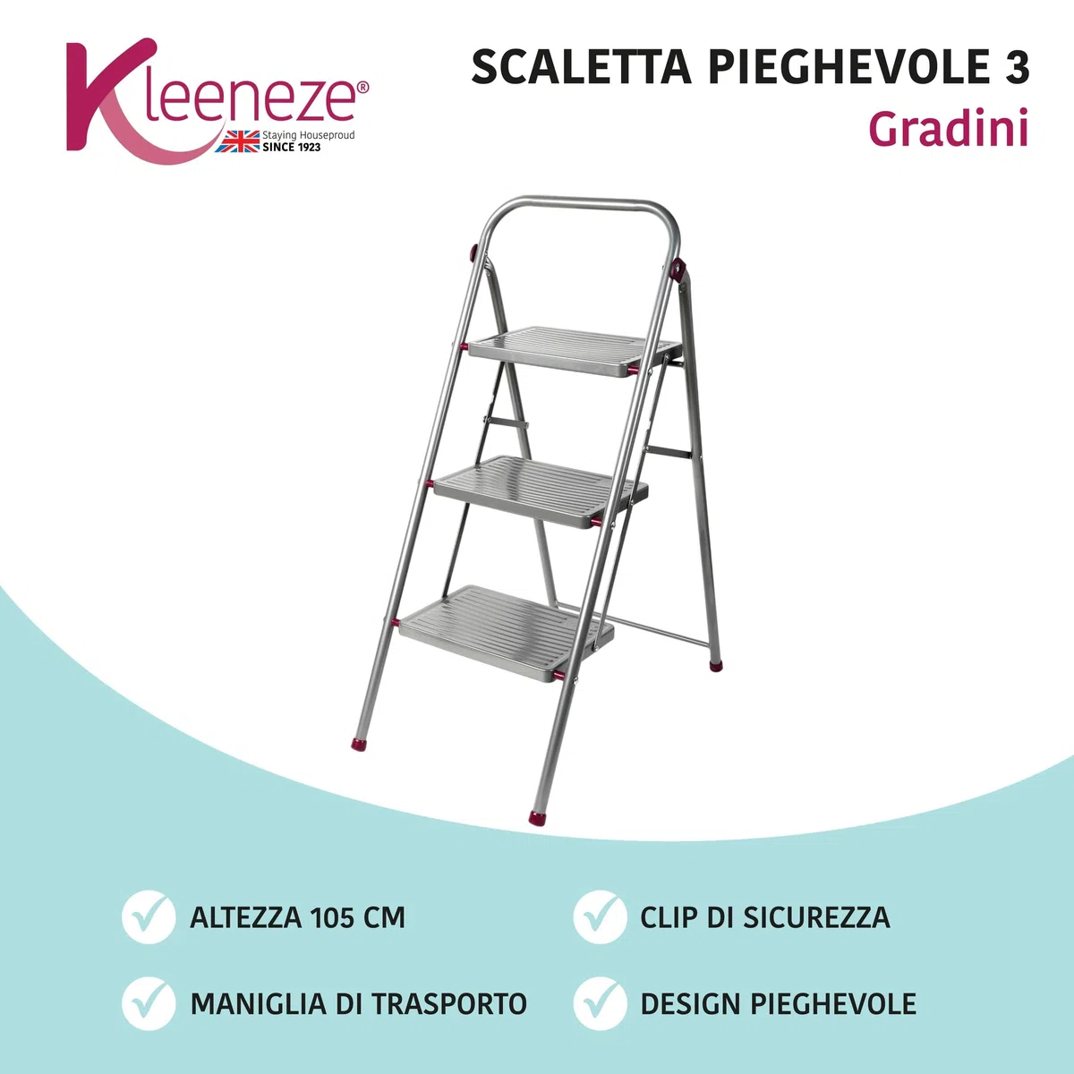 Kleeneze Scaletta Pieghevole Salvaspazio - 3 Gradini, 105 cm, con Piedini Antiscivolo, Capacità 150 kg, Colore Rosa/Grigio