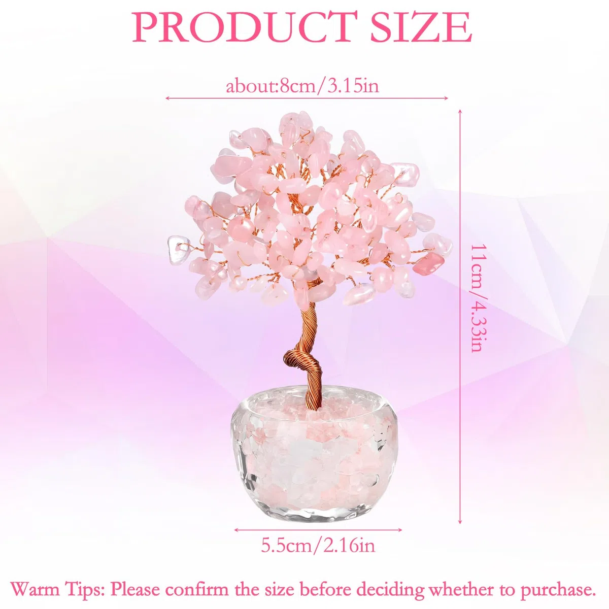 RIVIEVAL Albero di cristallo di quarzo rosa fatto a mano, albero di pietre preziose curative per la casa e l'ufficio, albero dei chakra, regalo di buona fortuna per le donne, compleanno (rosa)